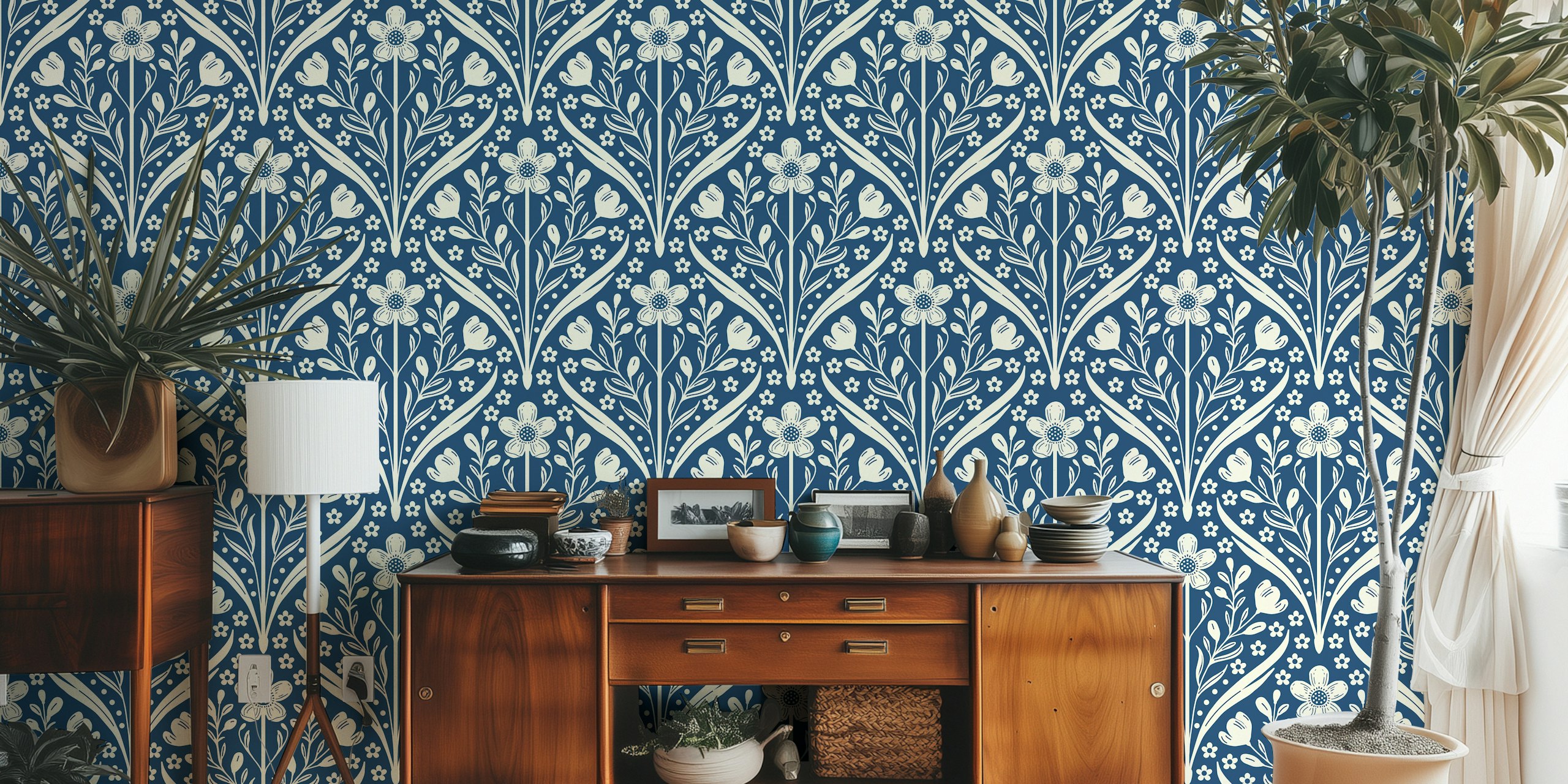 Papel de parede Buttercup damask navy blue em um quarto