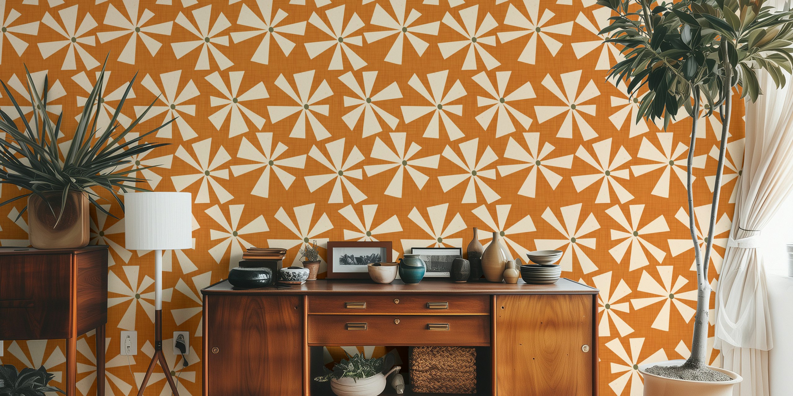Geometric floral patterns in ochre and cream colors wallpaper