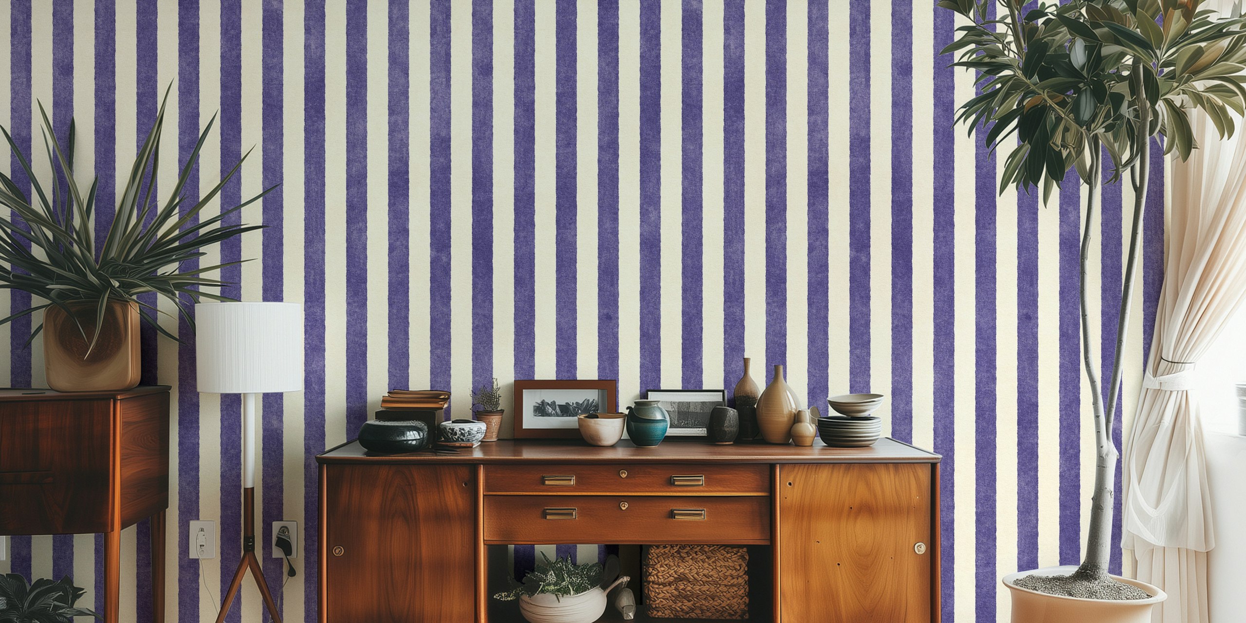 Lavender striped wallpaper in a room setting