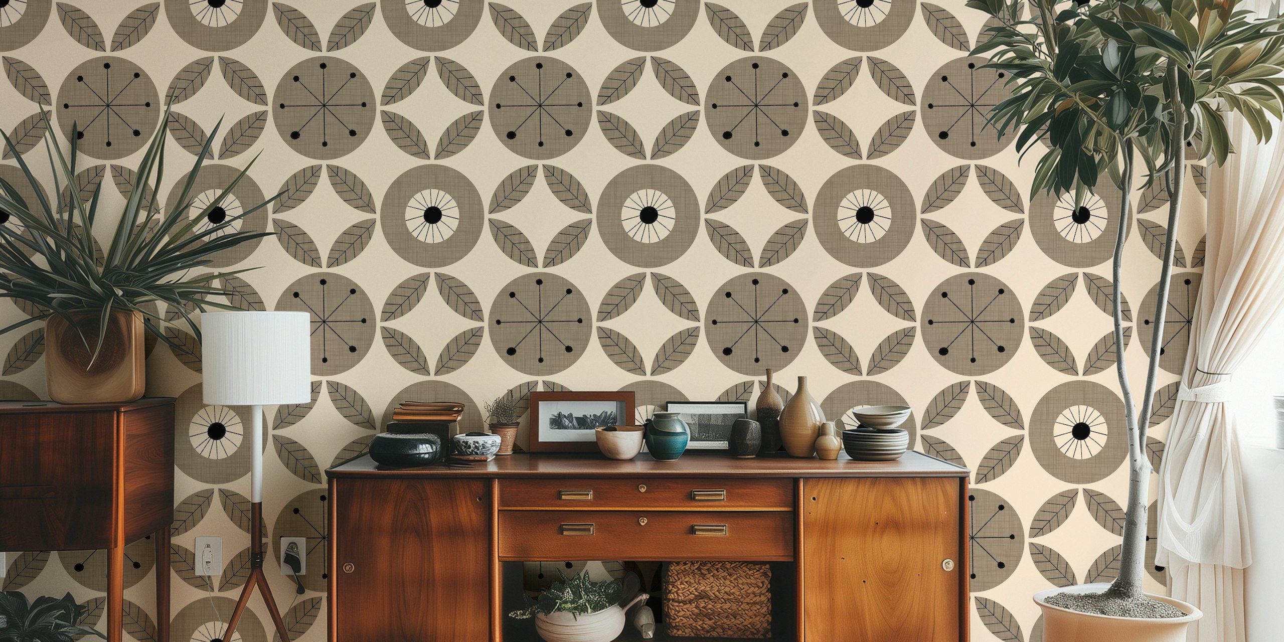 Atomic Floral Botanic Dots Taupe tapetti huoneessa