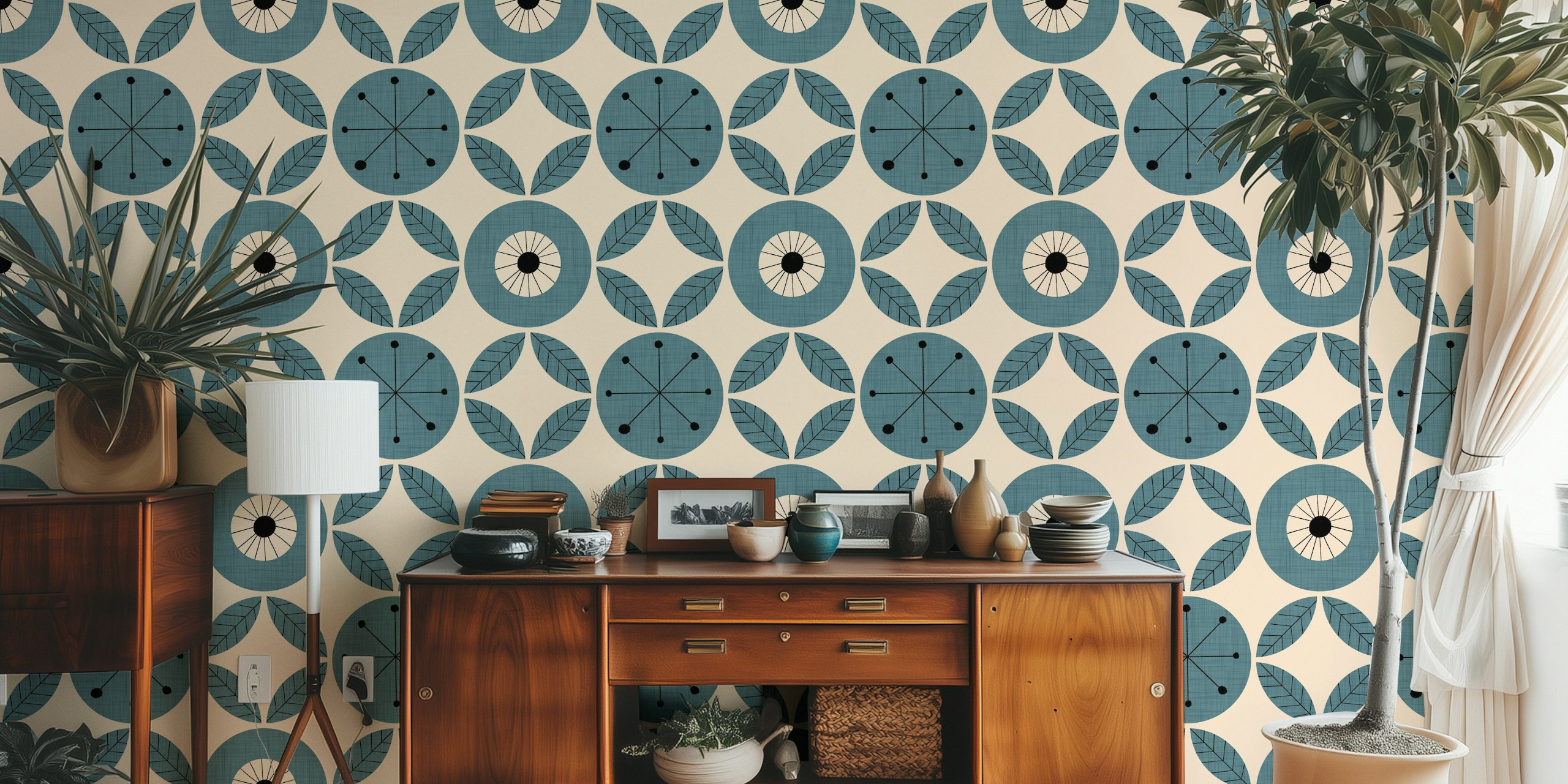 Atomic Floral Botanic Dots Blue tapet i ett rum