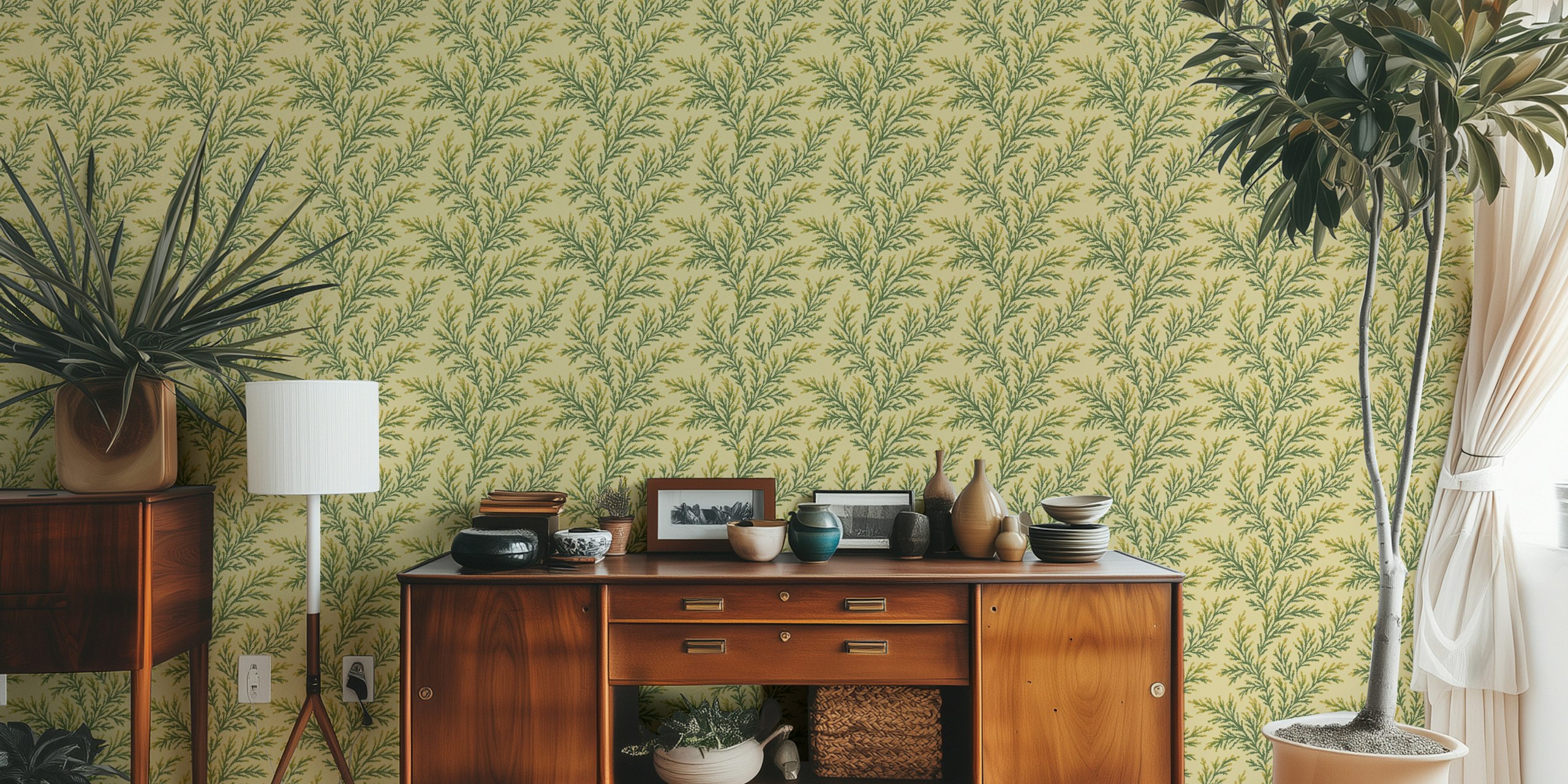 Green pine branches on a pale yellow background wallpaper