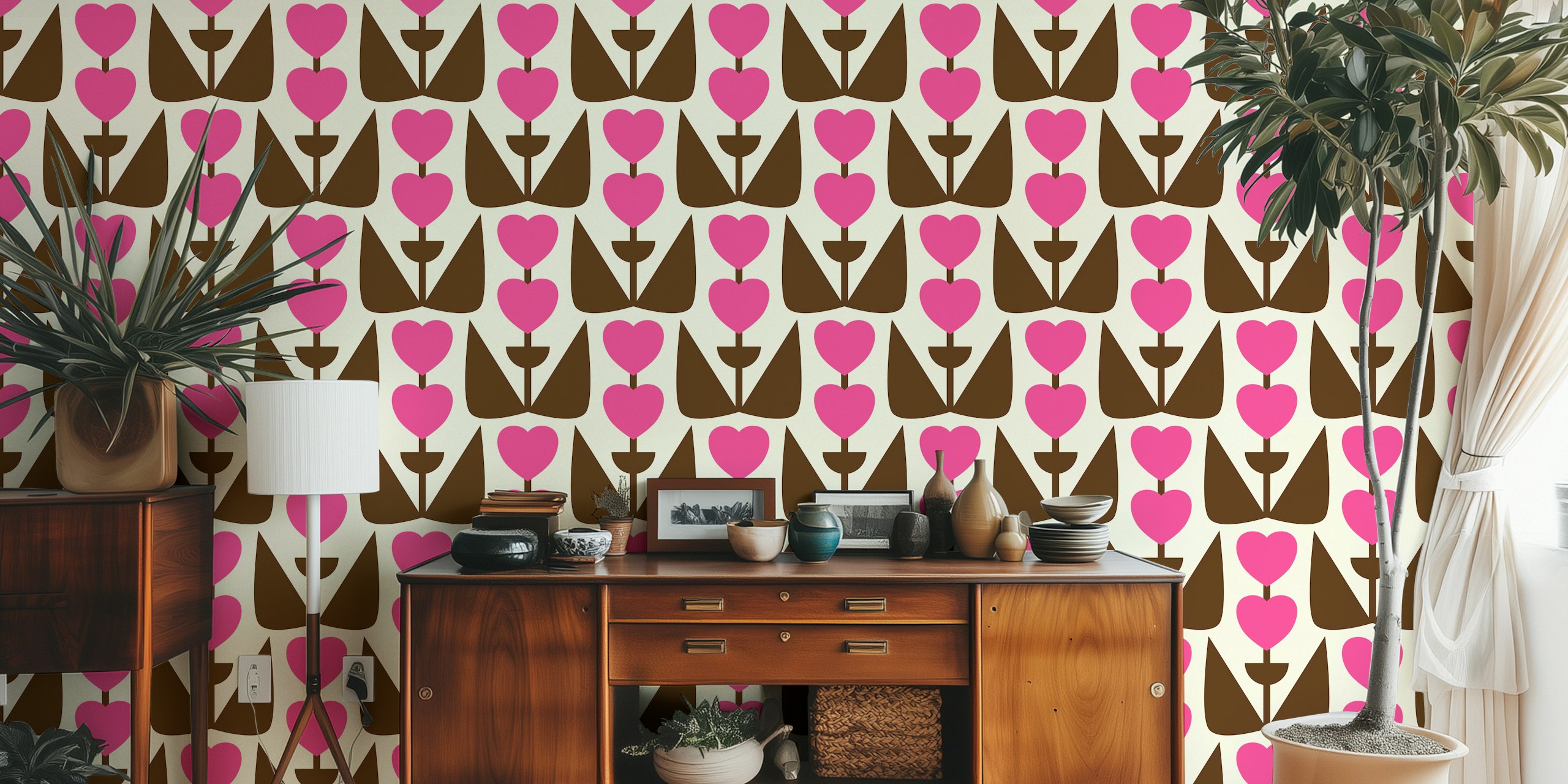 Pink heart flowers with brown leaves retro wallpaper