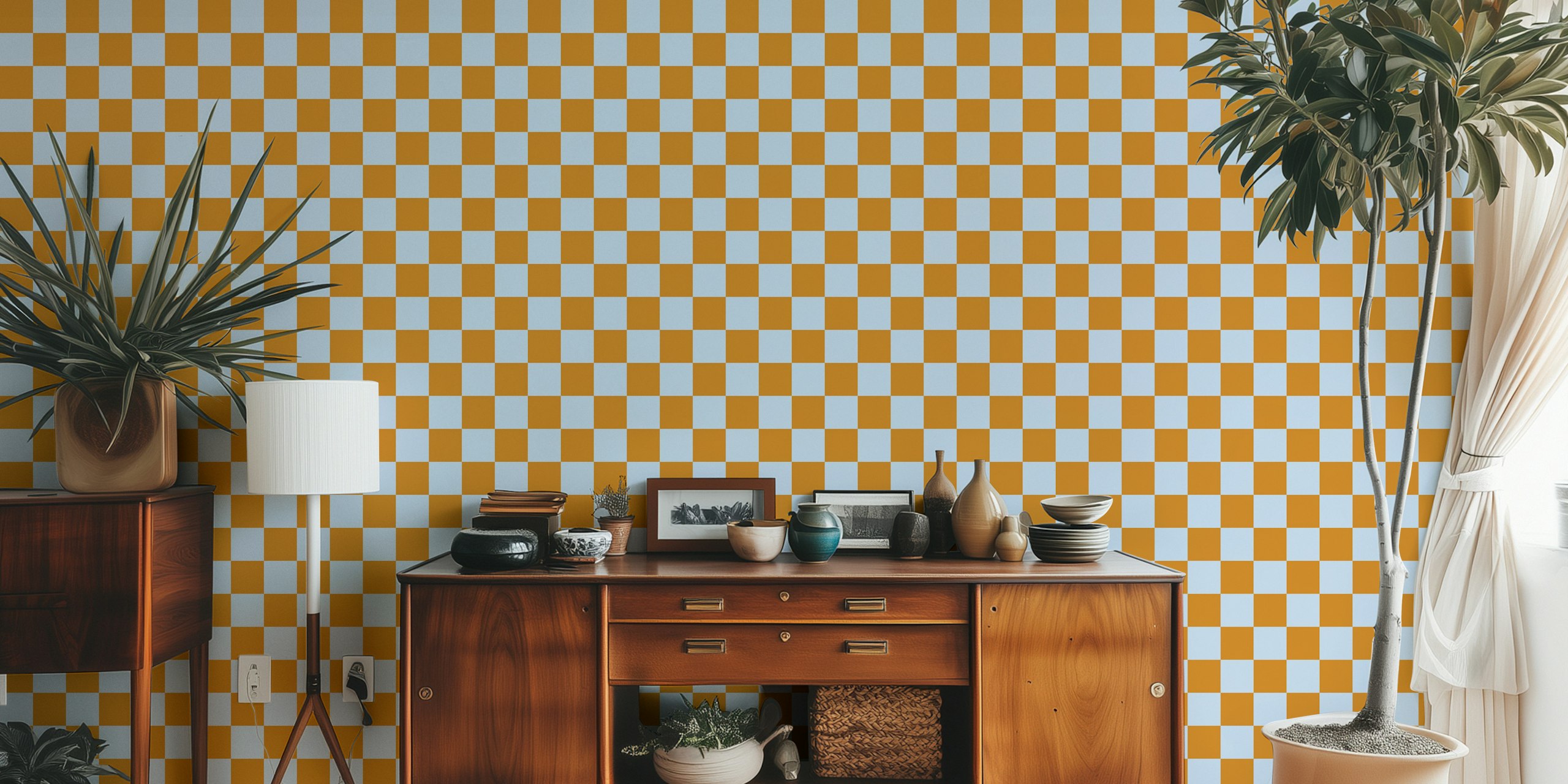 Fog Blue and Desert Sun Checkerboard wallpaper in a room