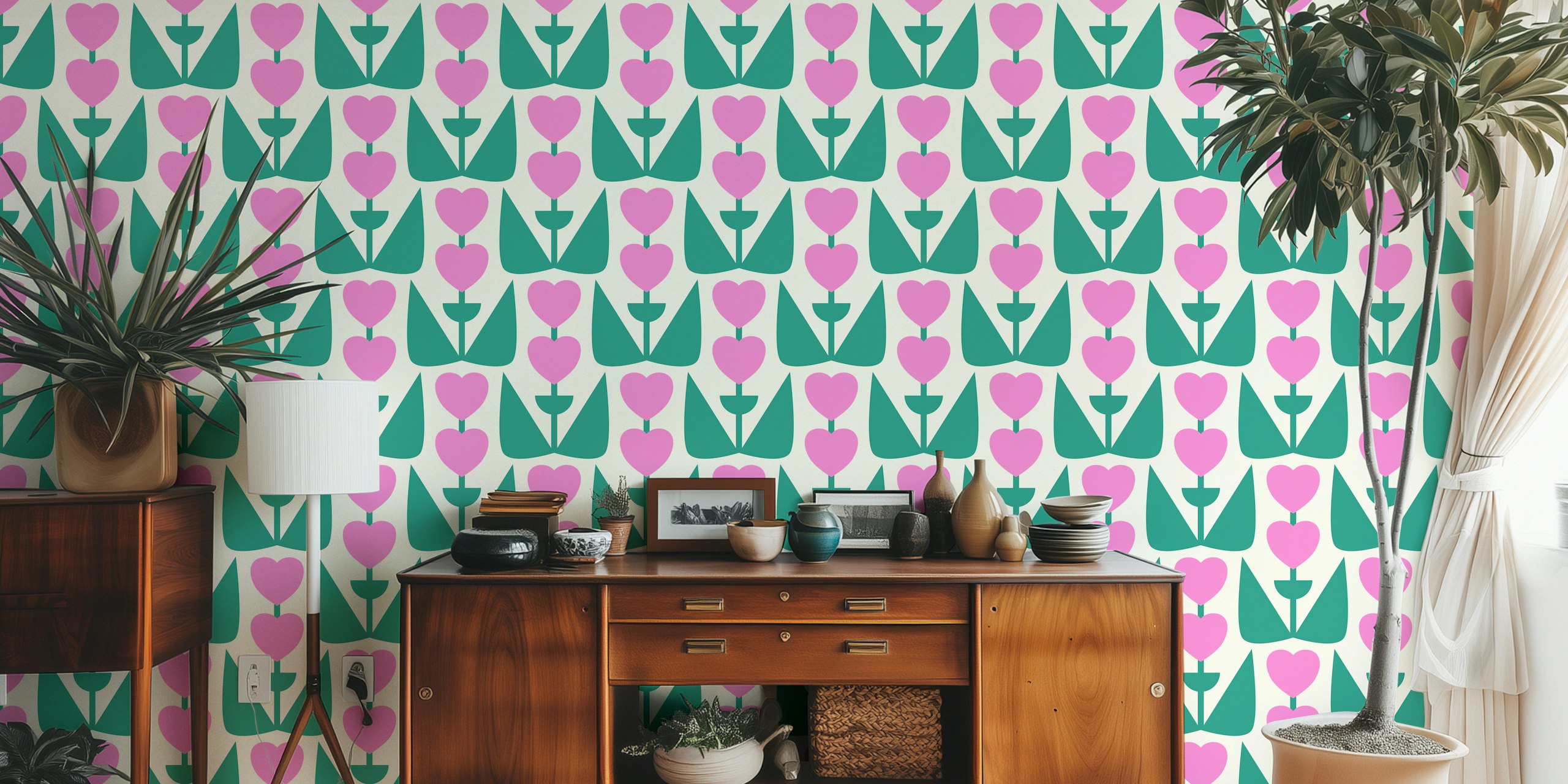 Retro Heart Flowers tapetdesign