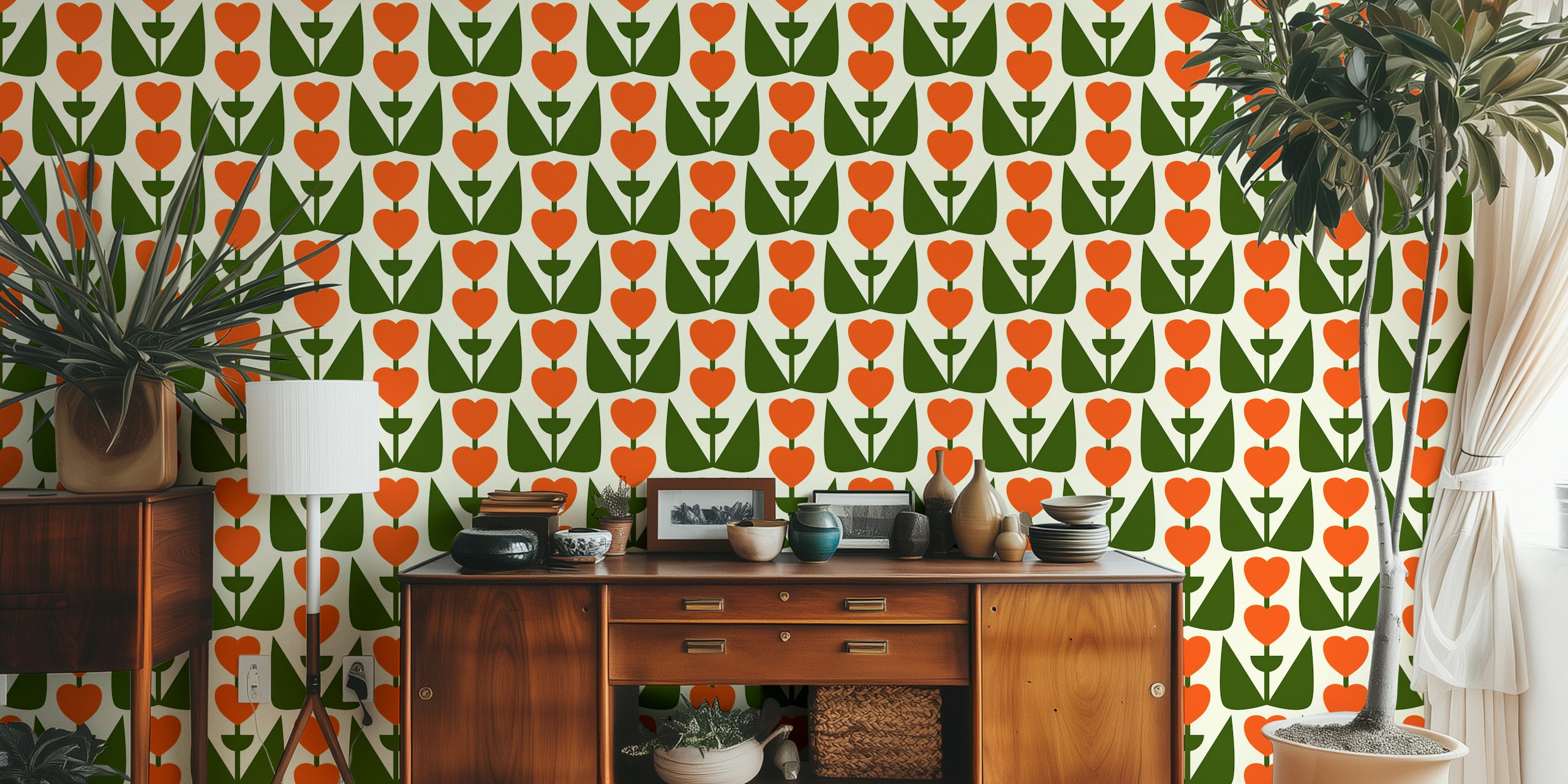 Retro Heart Flowers Orange Green wallpaper design