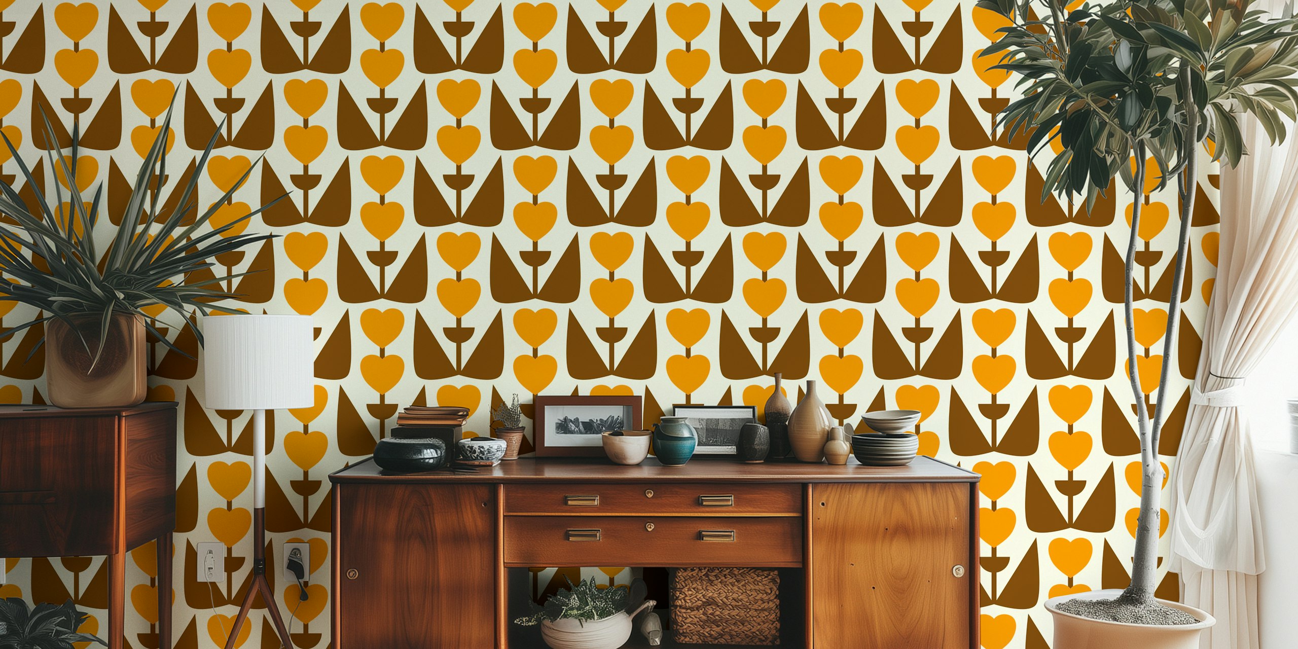 Retro Heart Flowers Yellow Brown wallpaper in a room
