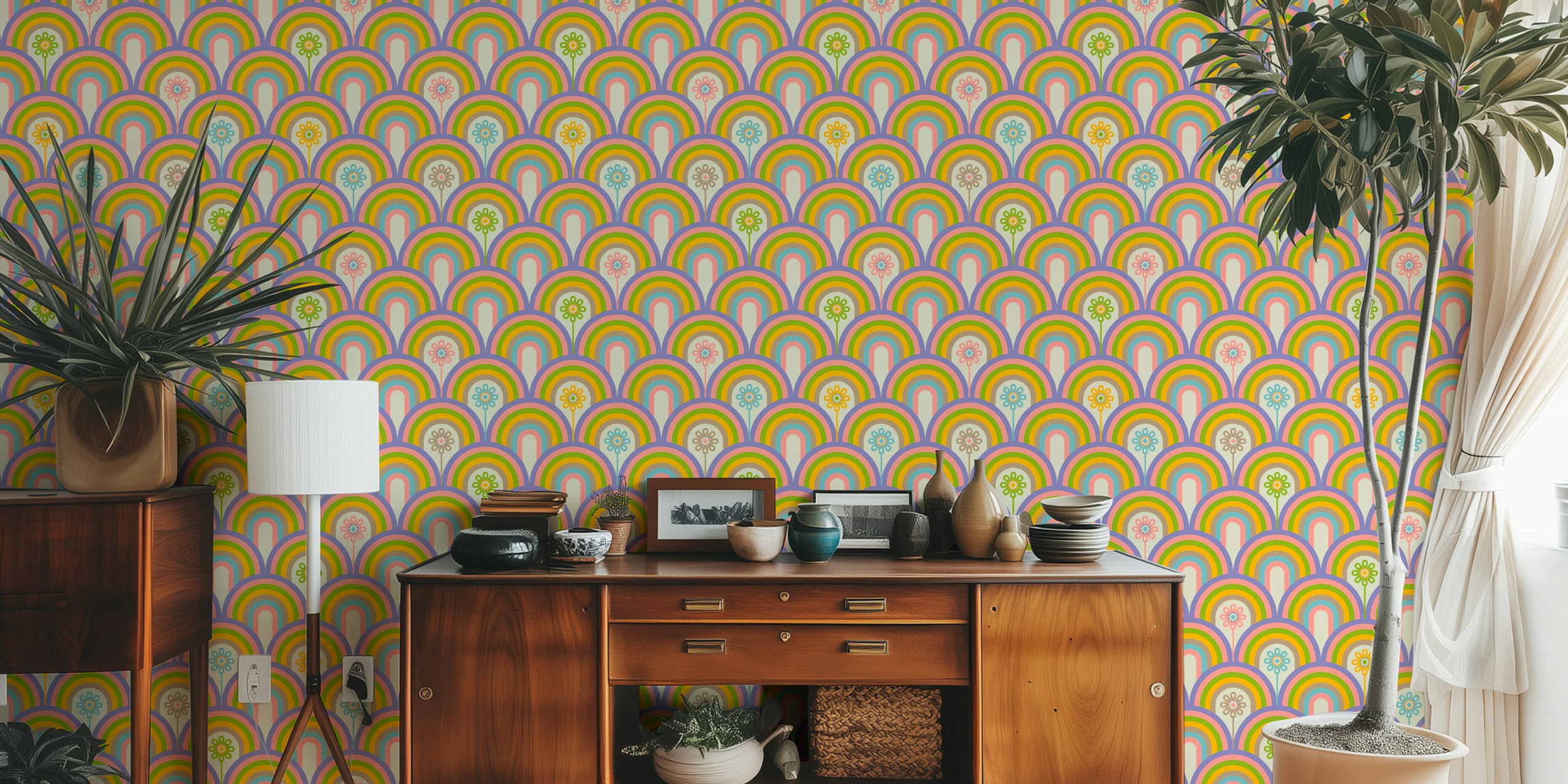 Rainbow floral retro geometric wallpaper design