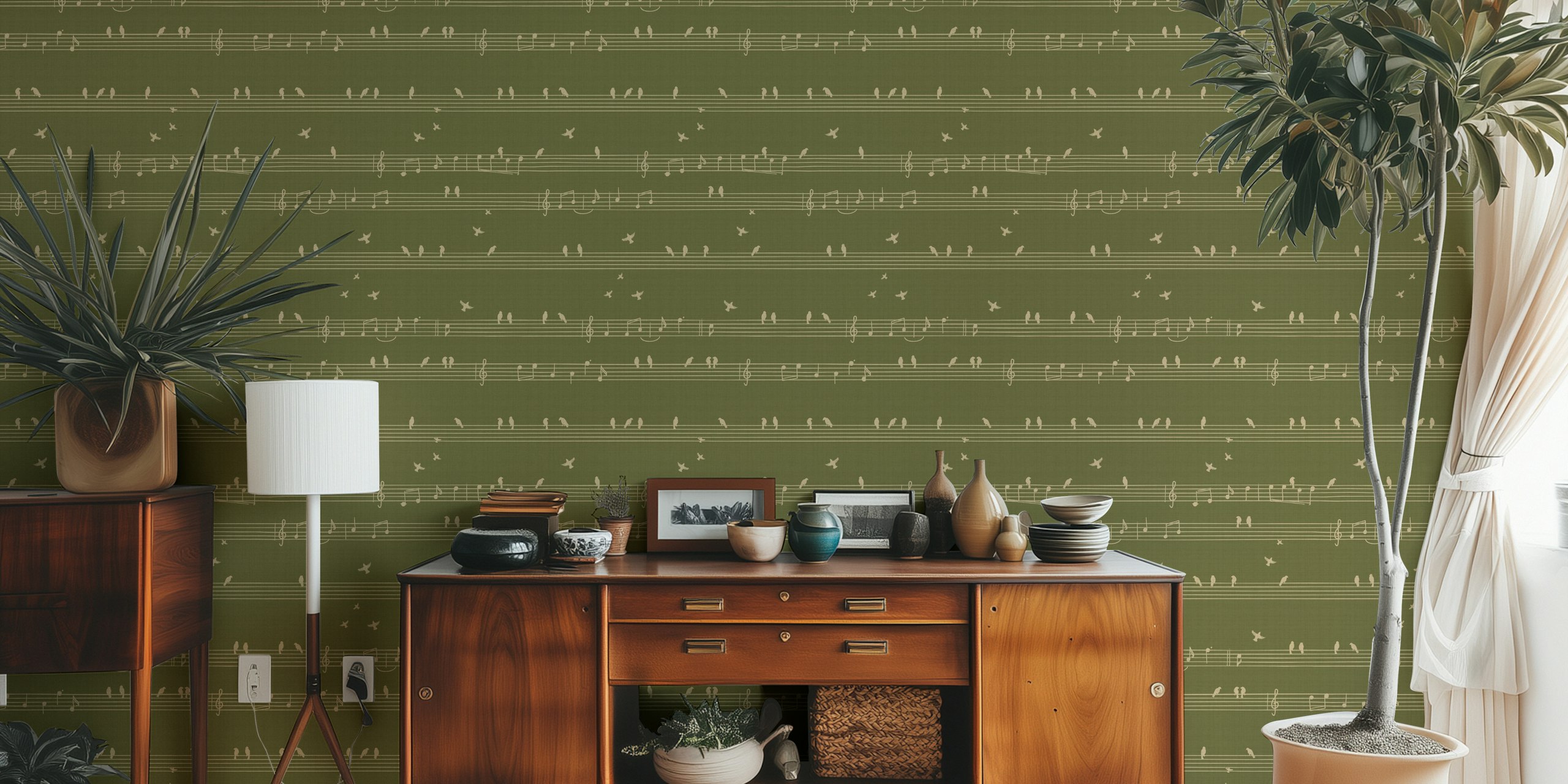 Musical birds texture wallpaper in green and beige