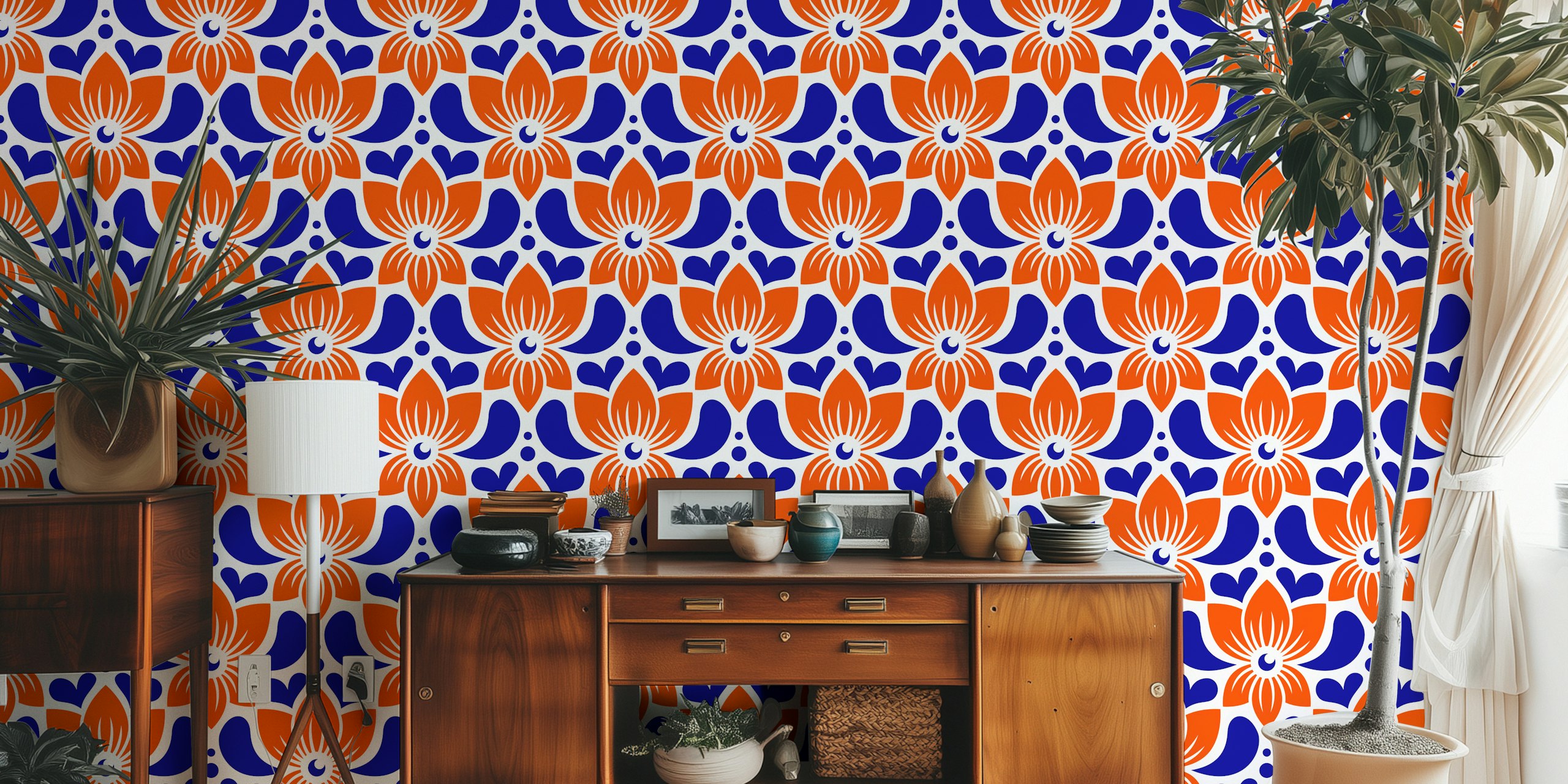 Papel pintado vintage floral azul y naranja