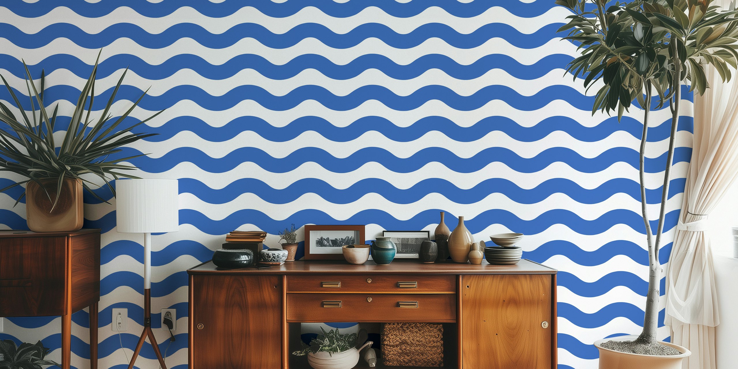 Cobalt Blue and White Nautical Waves wallpaper in a room