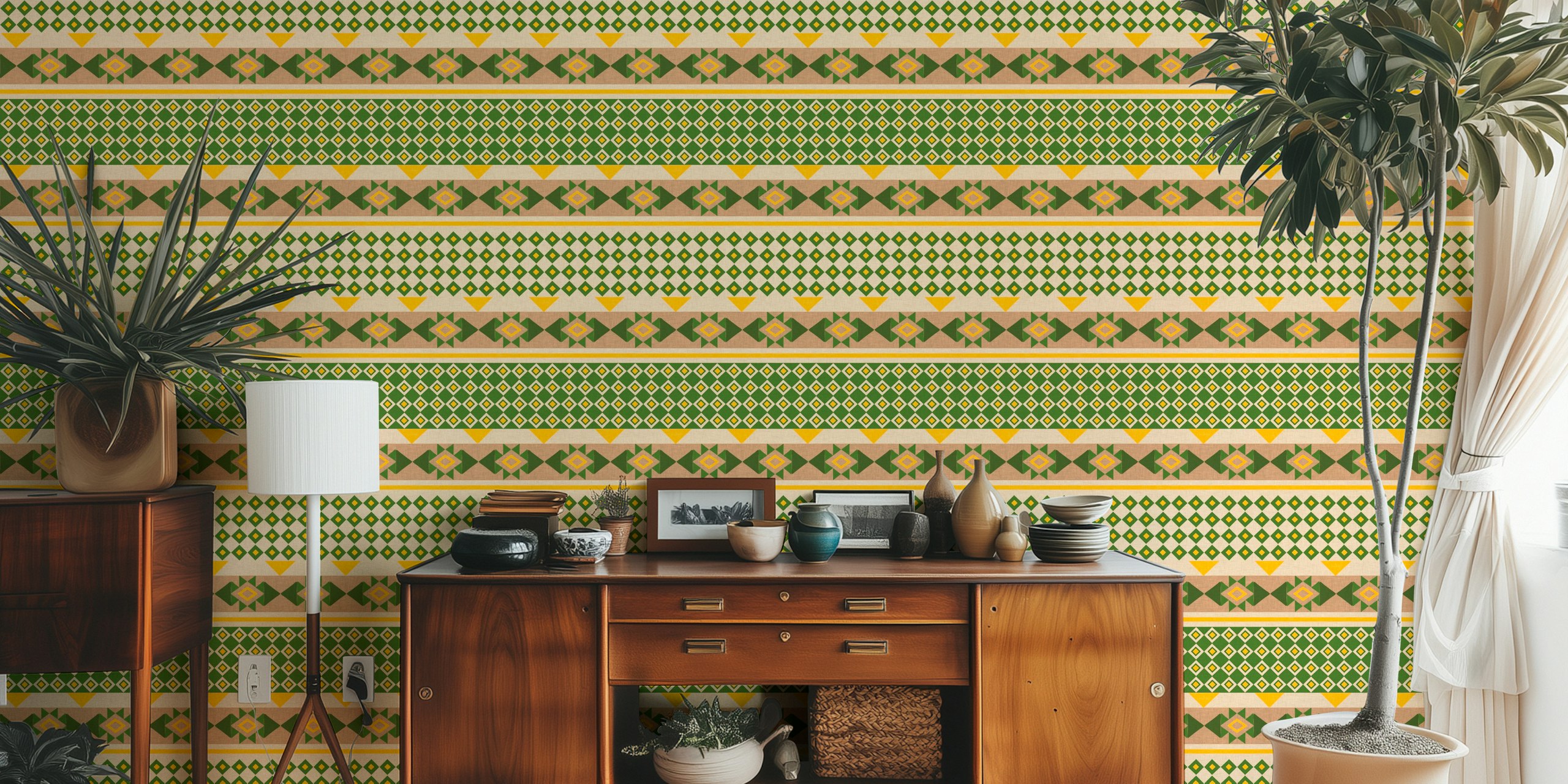 Carta da parati Bright Geometric Bohemian Plaid in una stanza