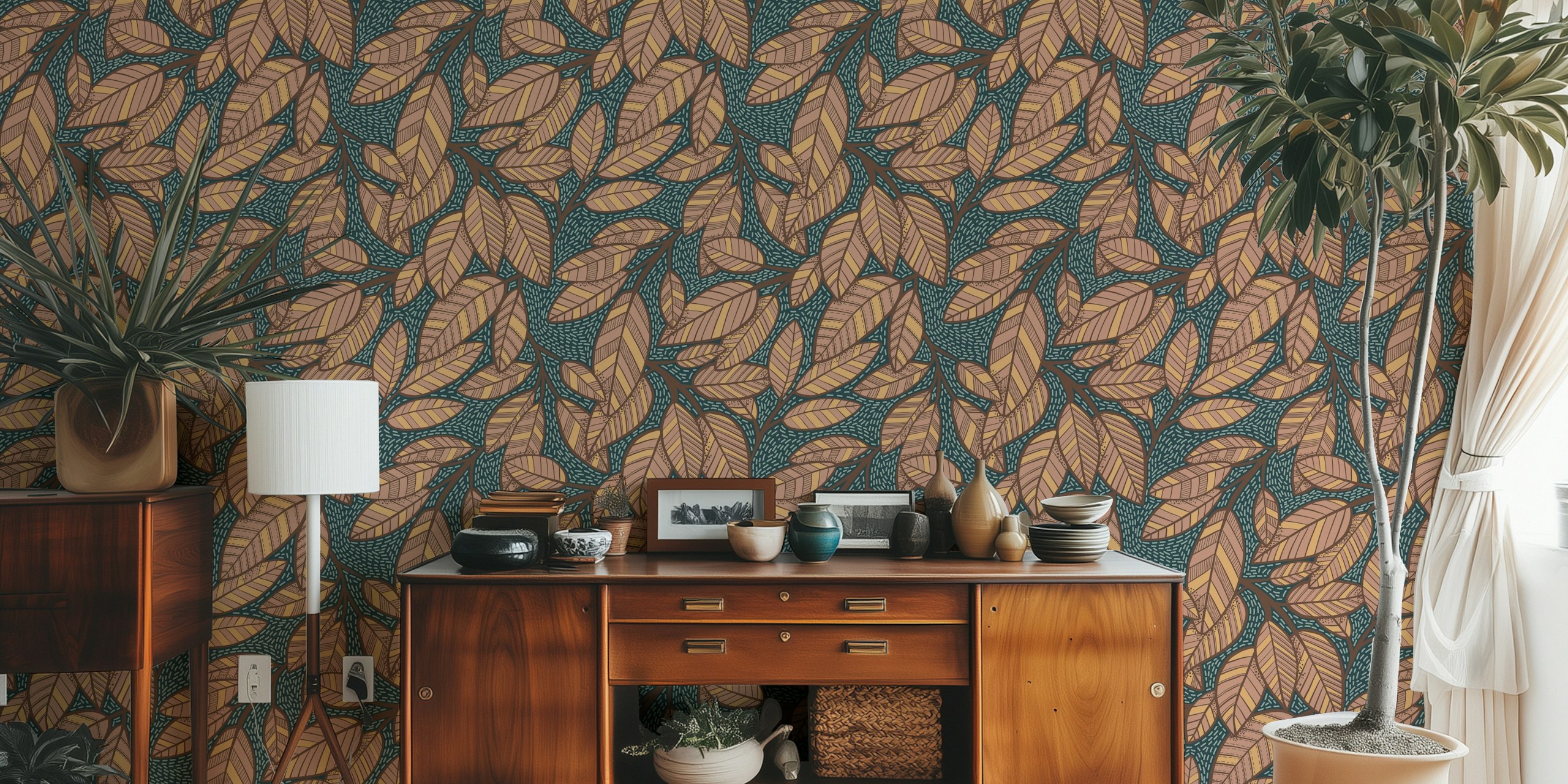 Teal background with intricate brown floral leaf patterns wallpaper