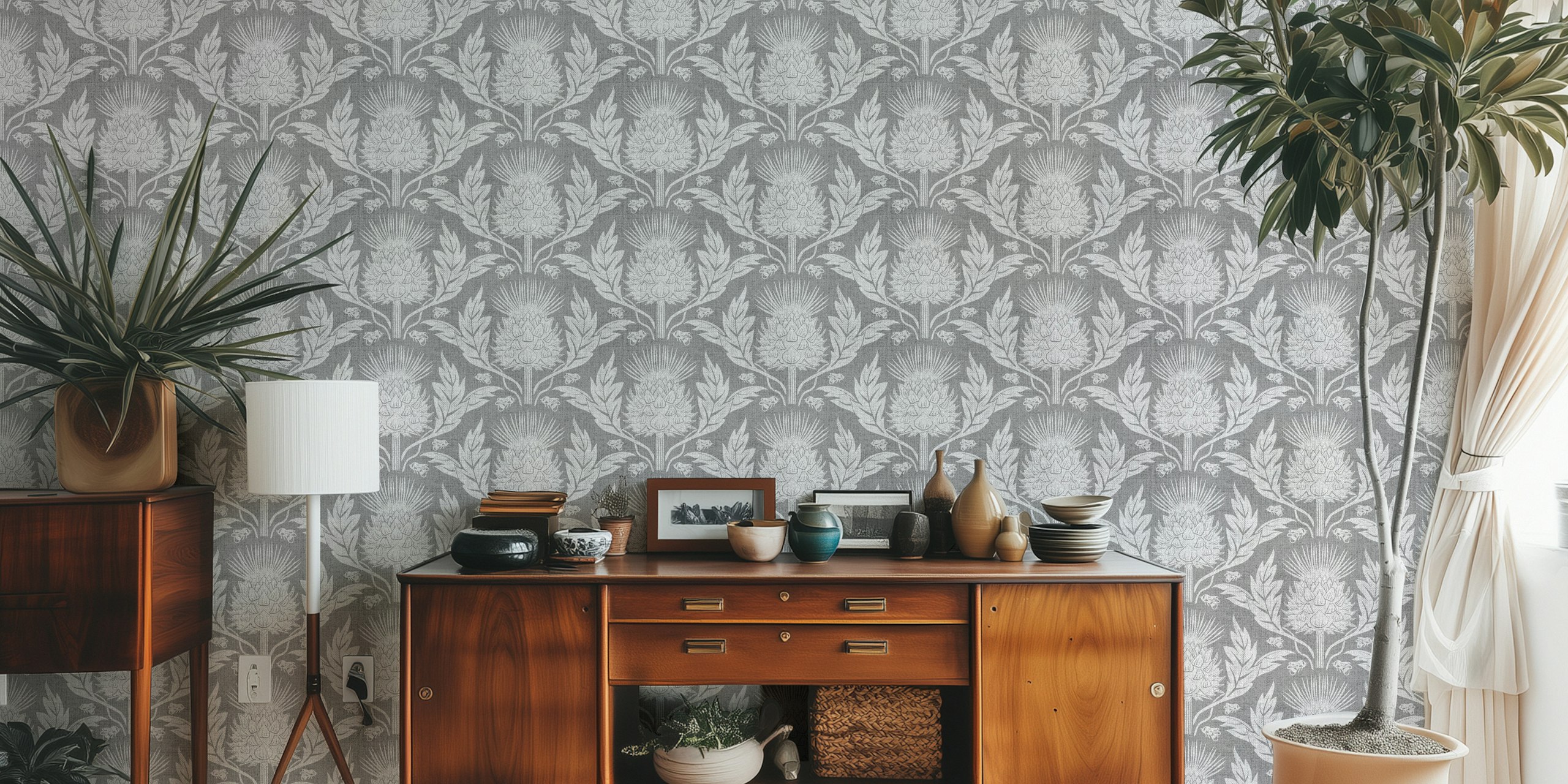 Grey damask wallpaper with artichokes and bees