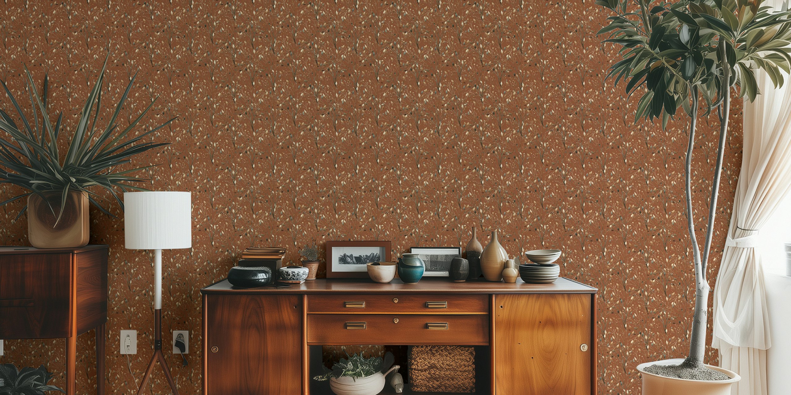 Mid century branches with metallic gold accents on a brown background wallpaper