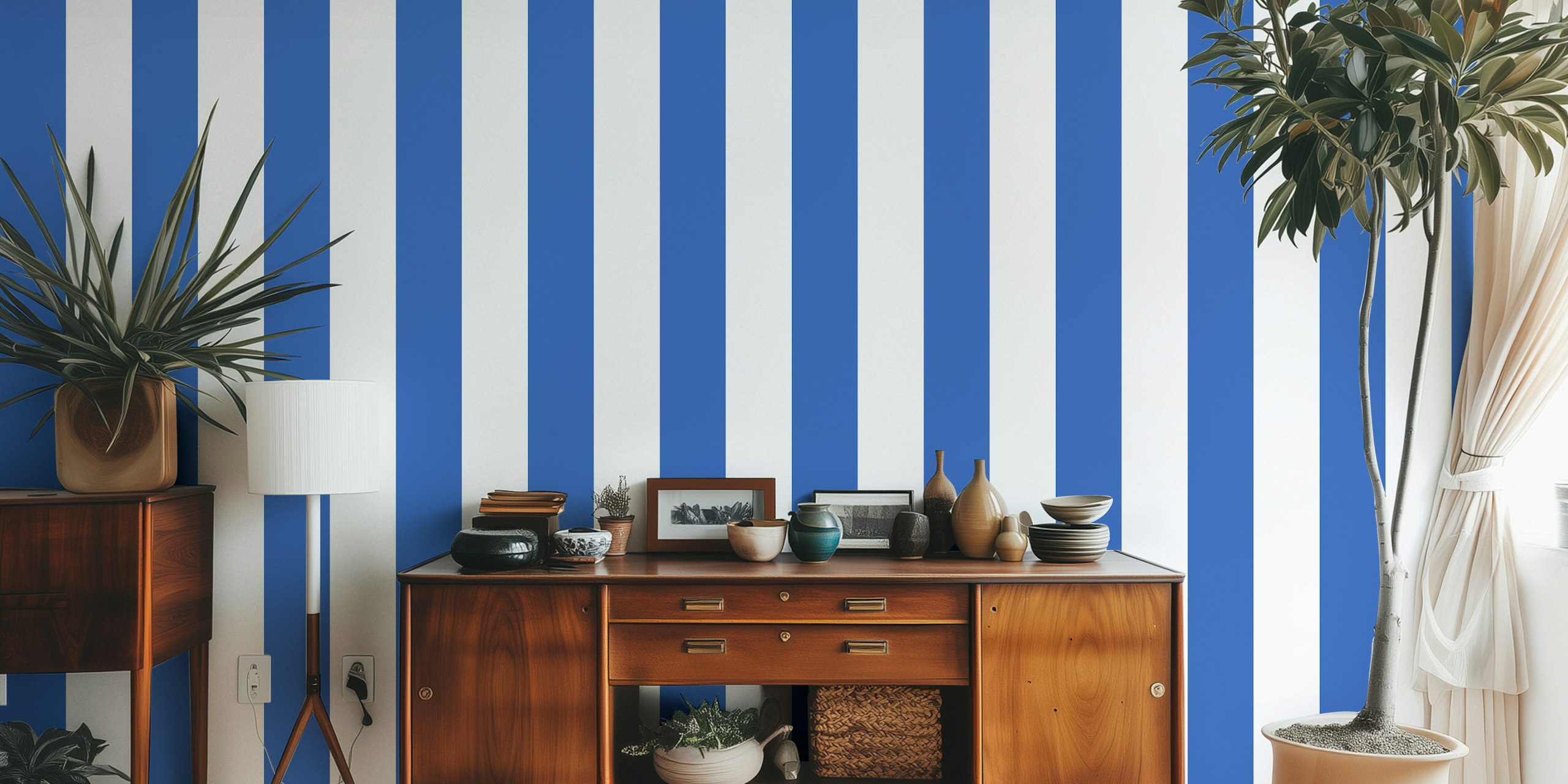 Cobalt blue and white extra wide striped wallpaper