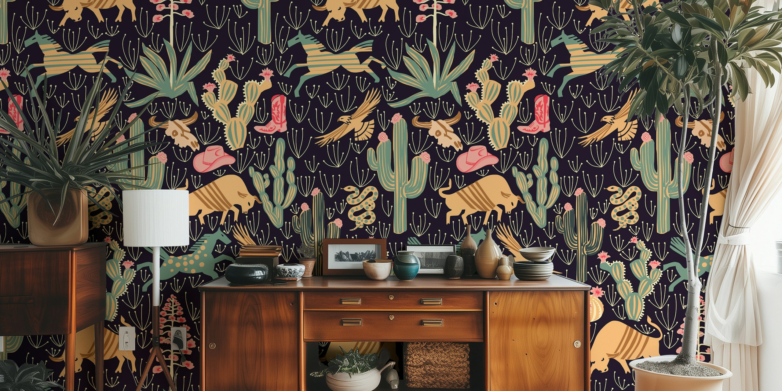 Kakteen, Tiere und Western Motive in bunten Farben auf dunklem Hintergrund wallpaper