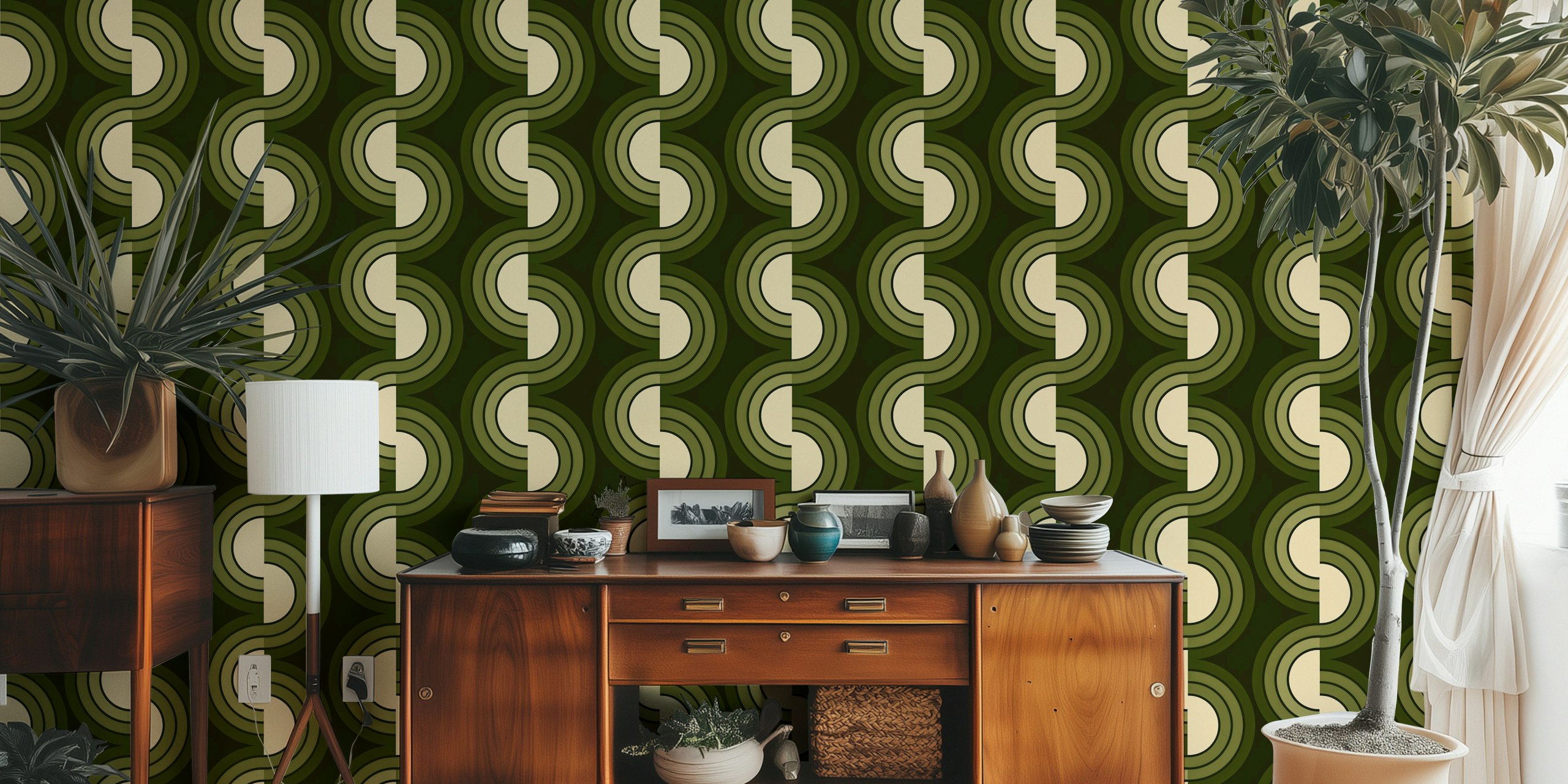 Green circular swirl pattern wallpaper featuring cream accents
