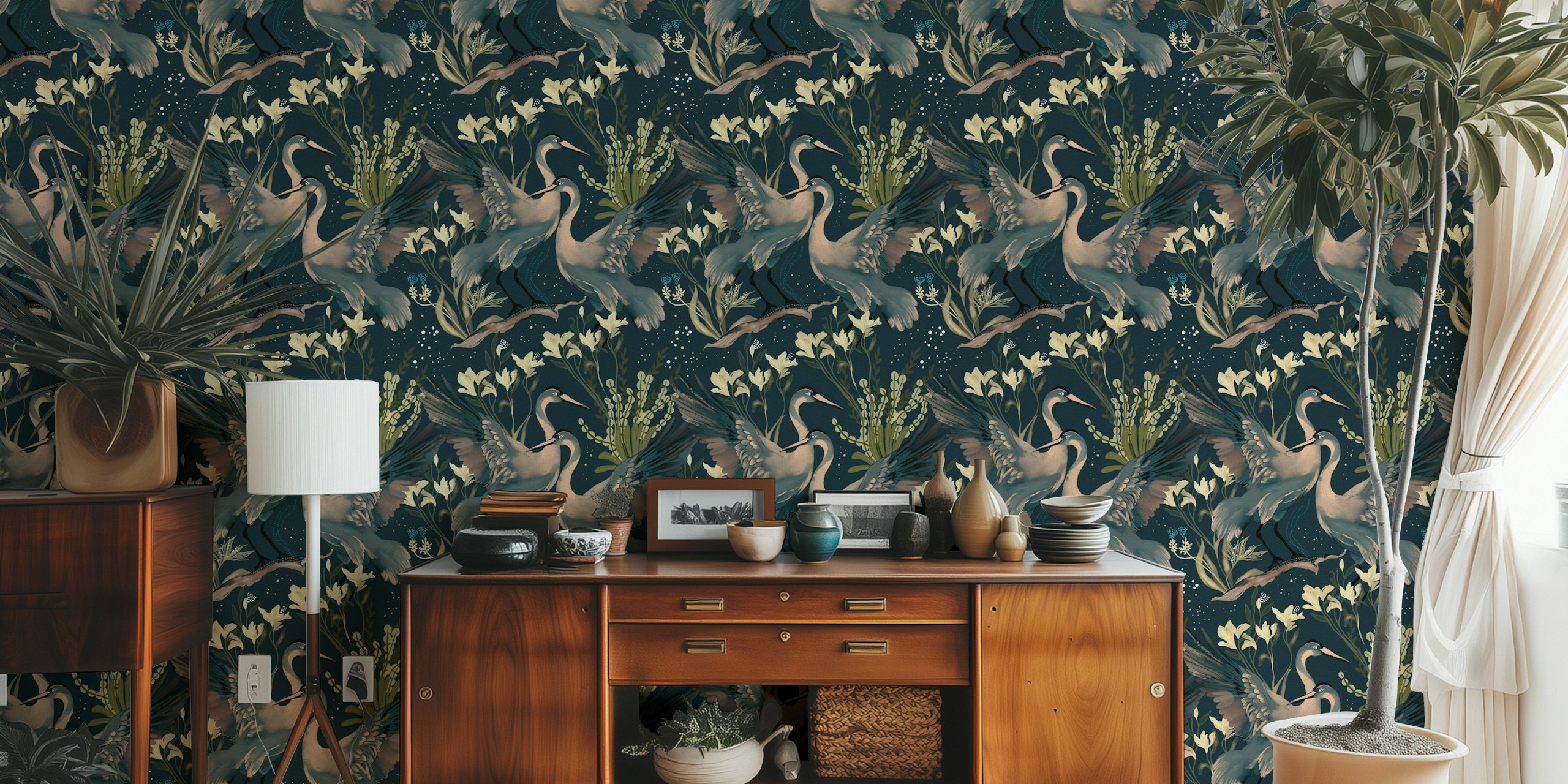 Mystic Swan Botanica Tapetdesign in einem Raum