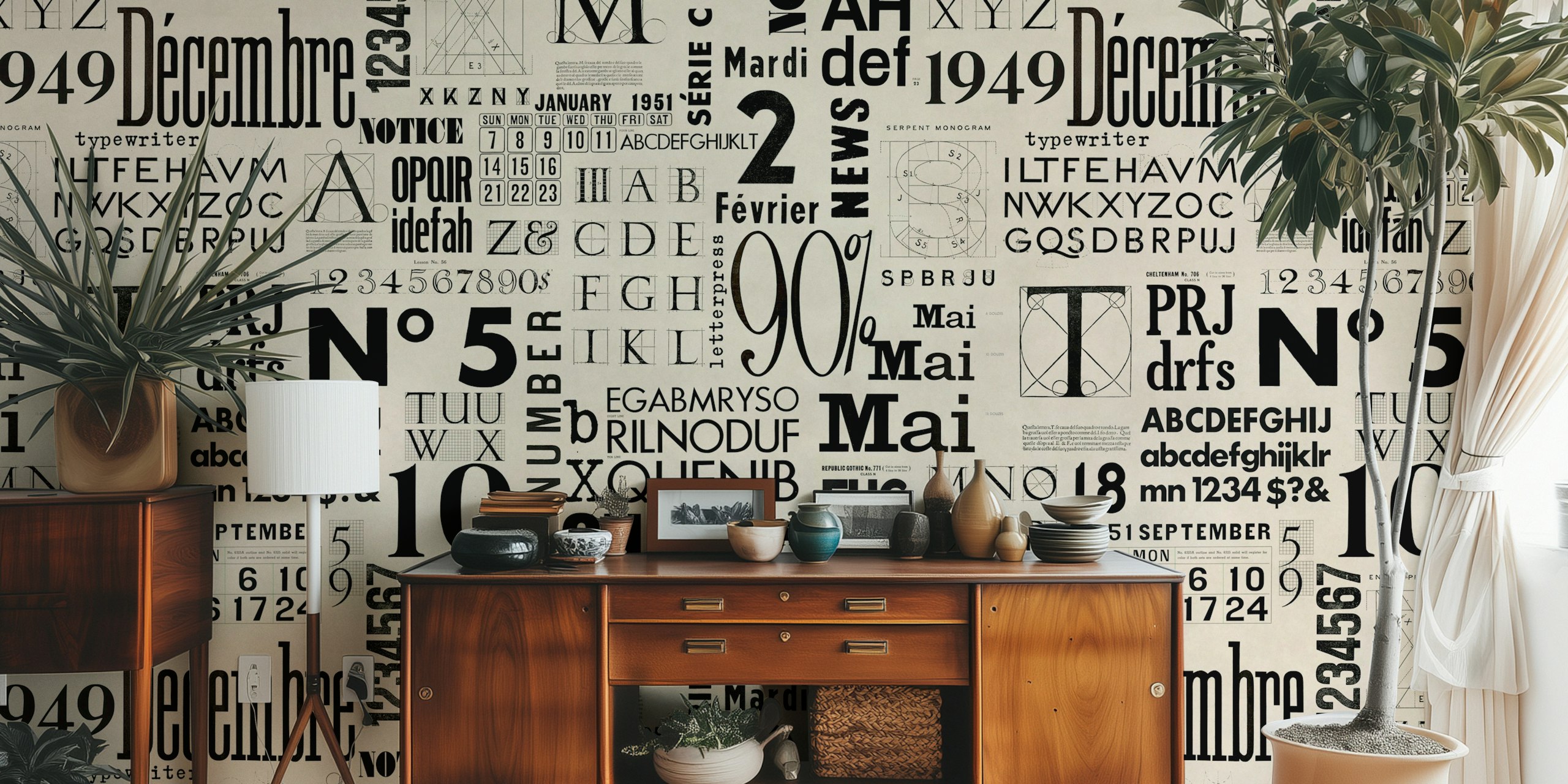 Retro typography wallpaper in a stylish room