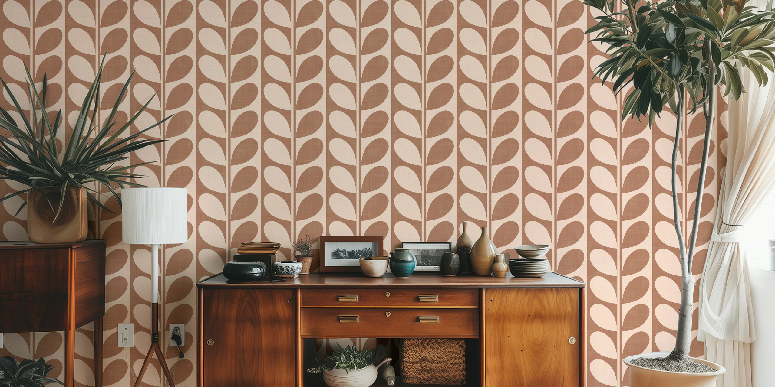 Abstract leaves pattern in mocha and beige stripes wallpaper