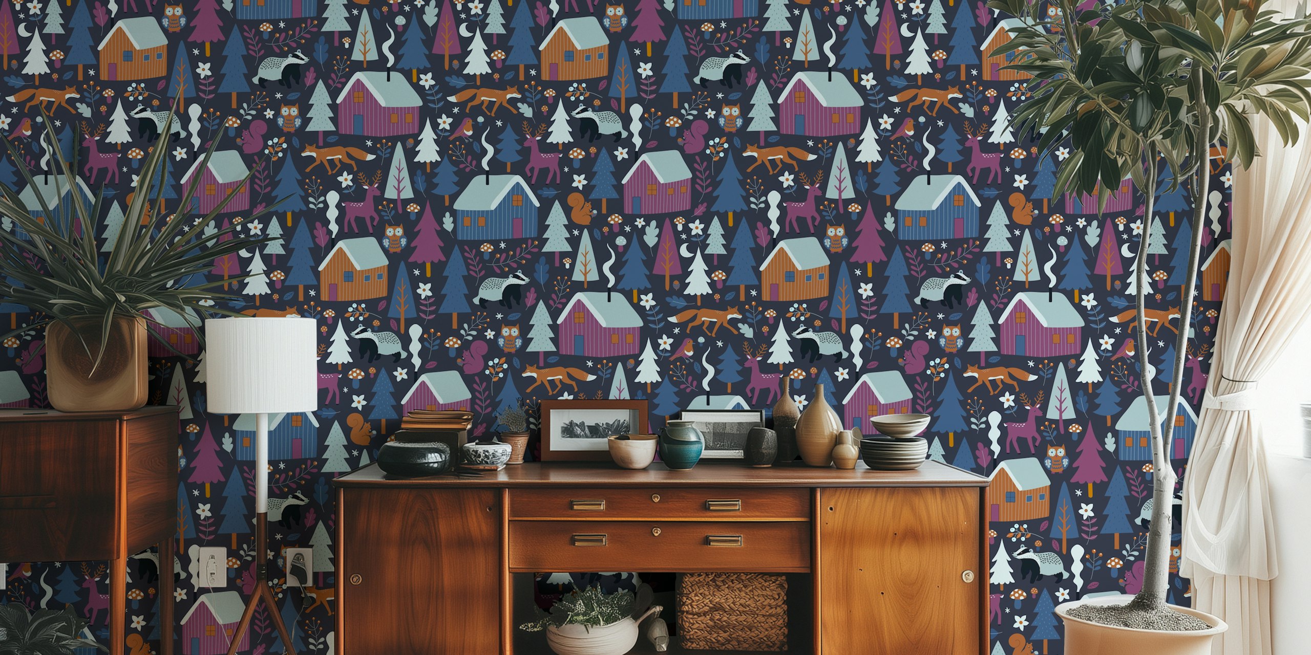 Woodland cabins with trees, animals, and flowers in plum and charcoal wallpaper