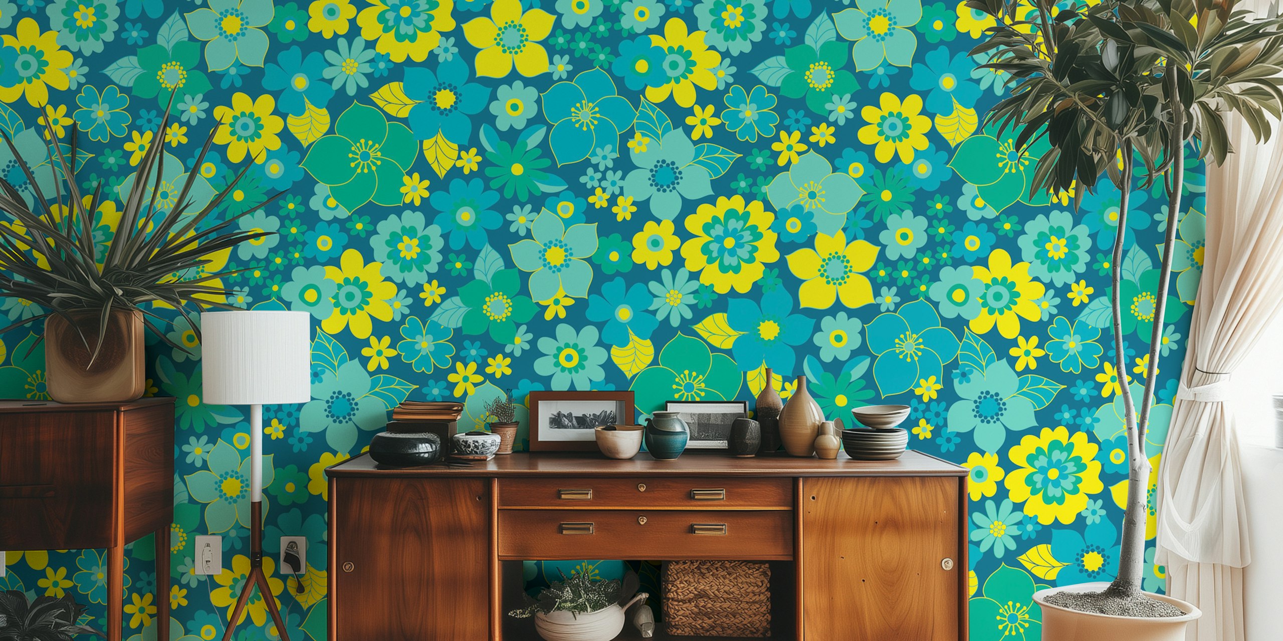 Colorful floral design with lemon, mint, and turquoise flowers wallpaper