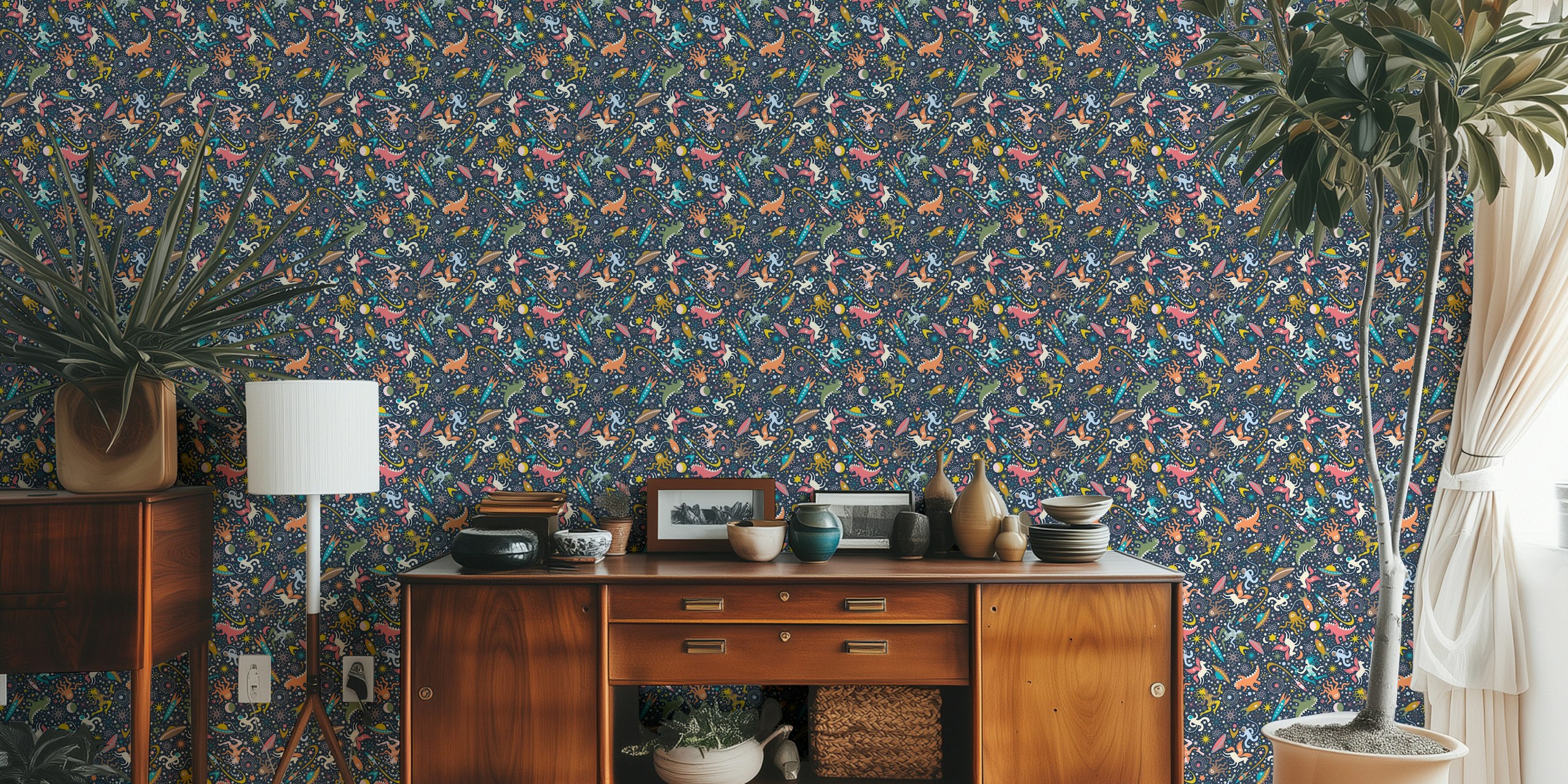 Design de papel de parede Midcentury Adventures em um quarto