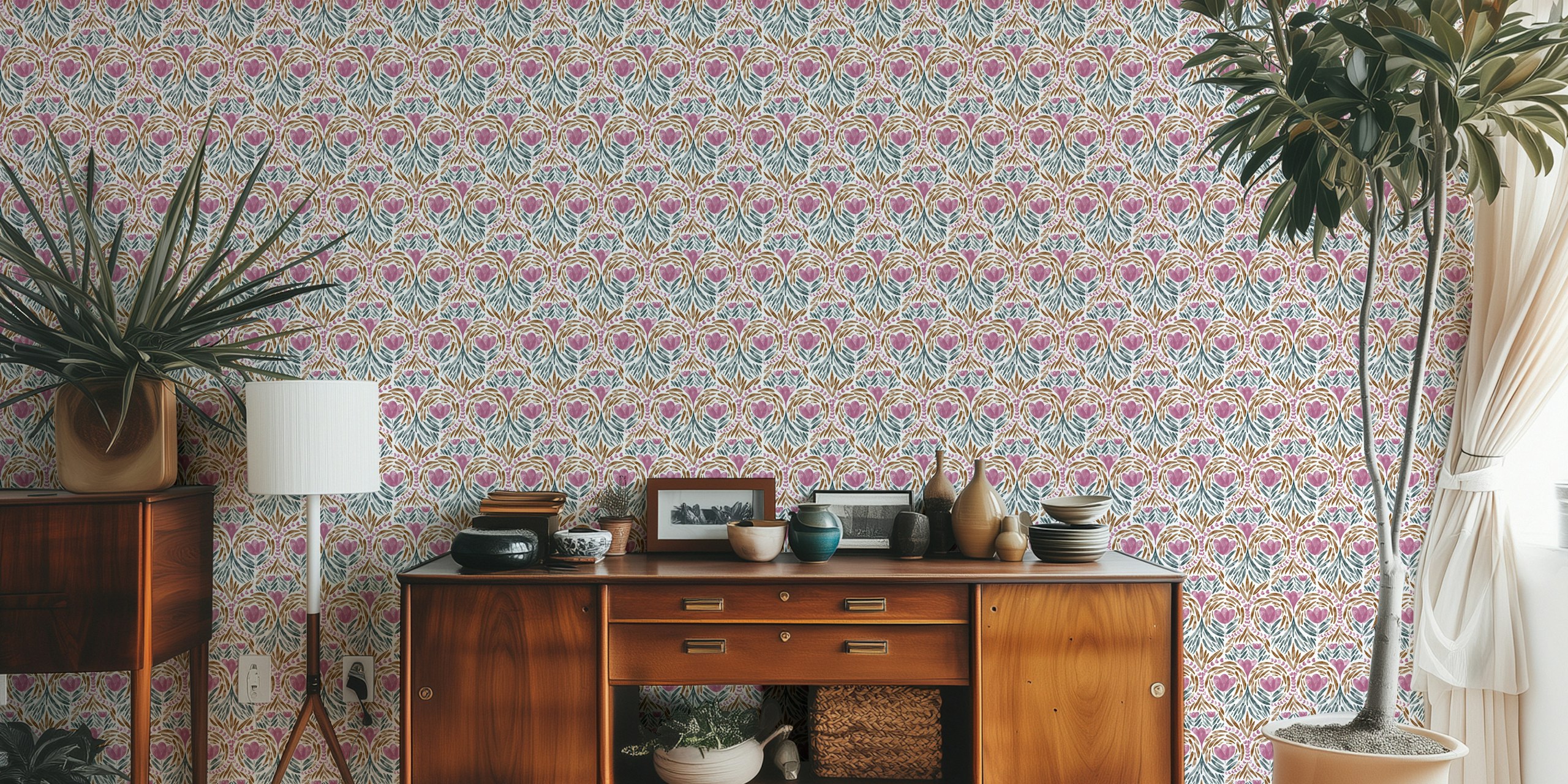 Floral heart pattern in pink and green tones on white background wallpaper