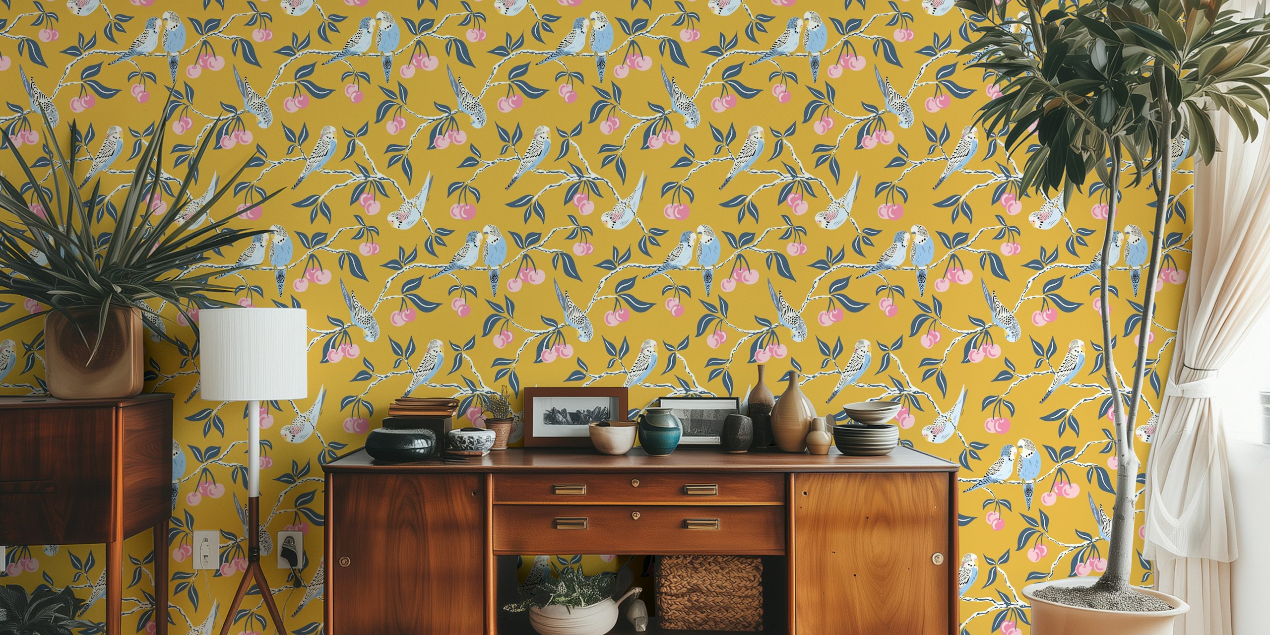 Budgies in a cherry tree wallpaper design