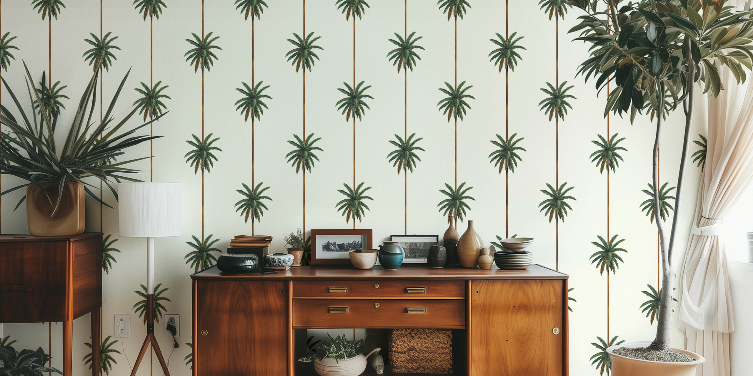Palm trees with green leaves on off-white background wallpaper