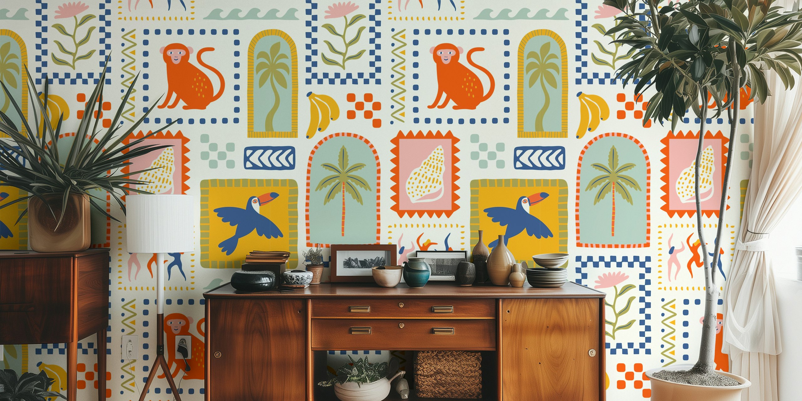 Funky Tropics Revival papel de parede em um quarto