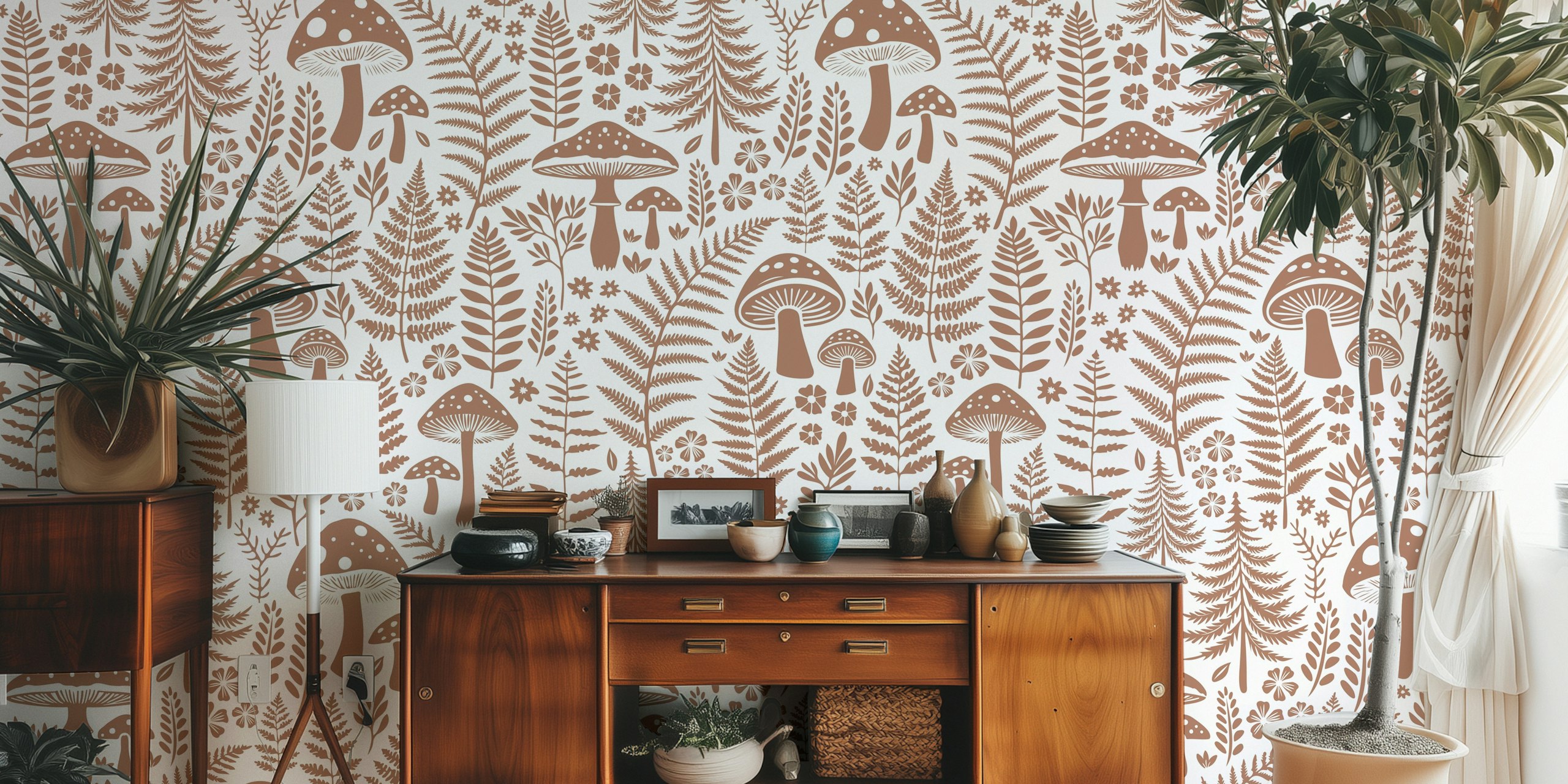 Woodland fern and mushroom wallpaper in a room