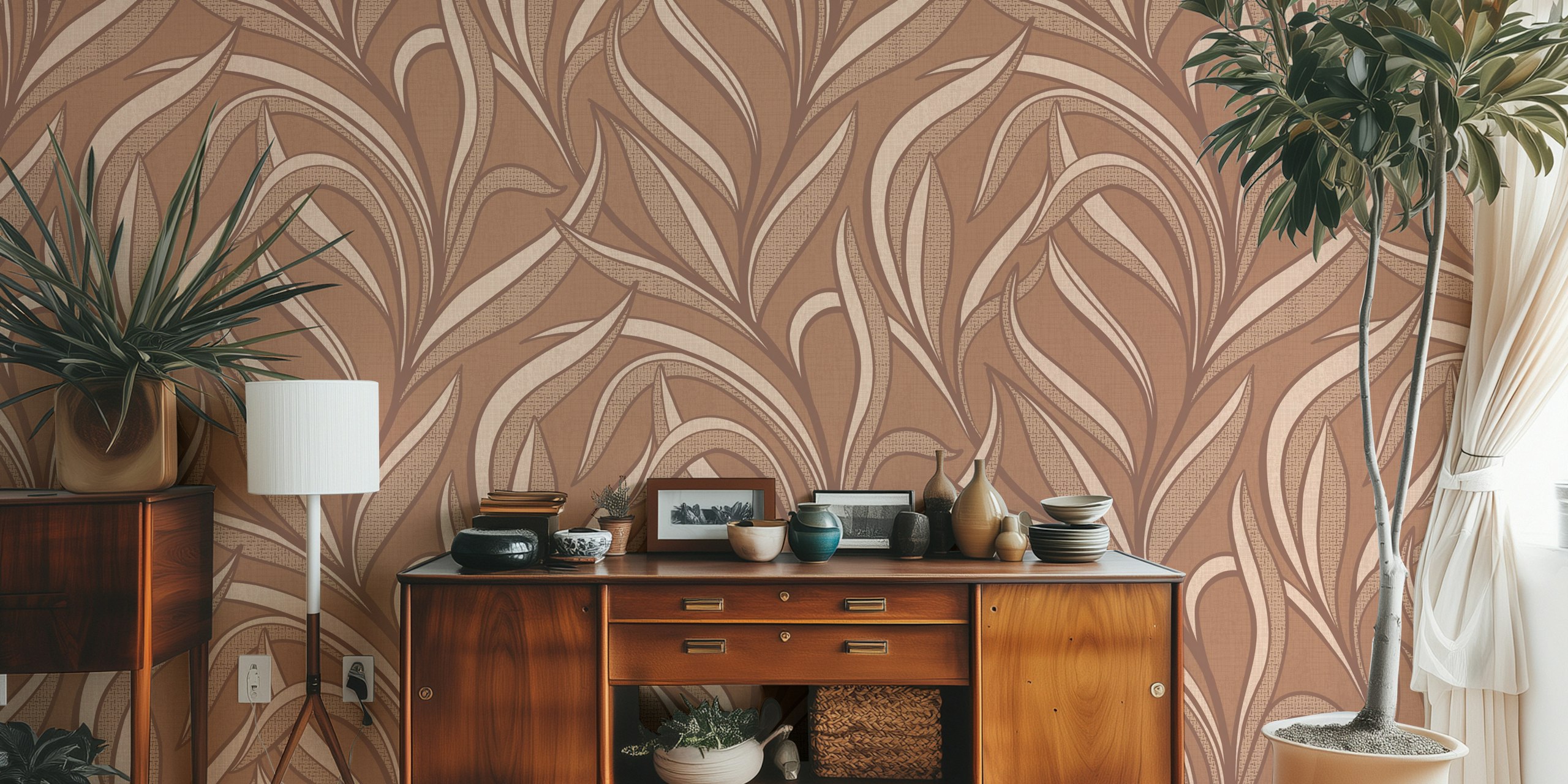 Elegant floral leaf pattern in shades of brown and cream wallpaper