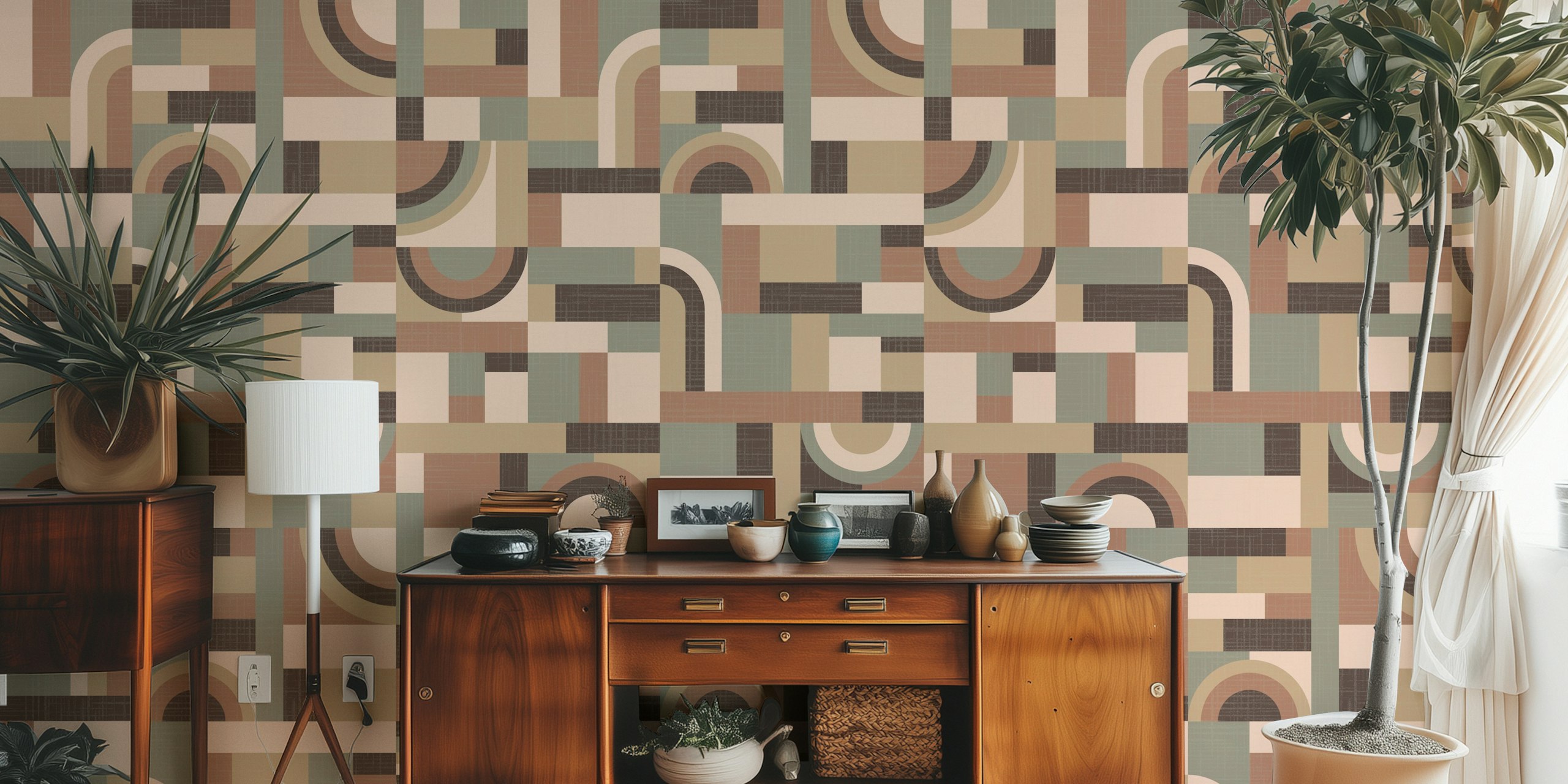 Geometric pattern with soft brown, beige, and green tones wallpaper