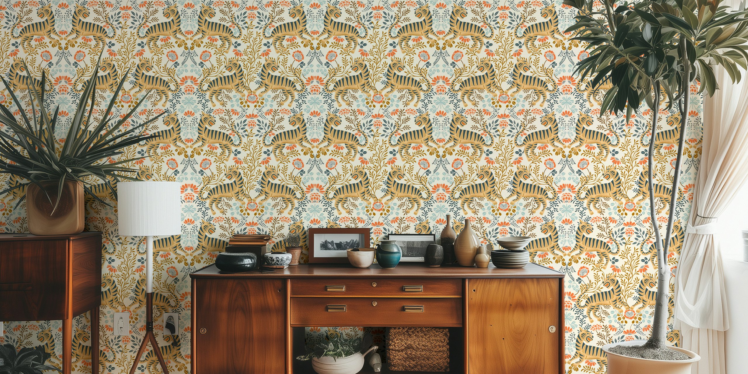 Design tapety Wild Tiger Blooms v místnosti