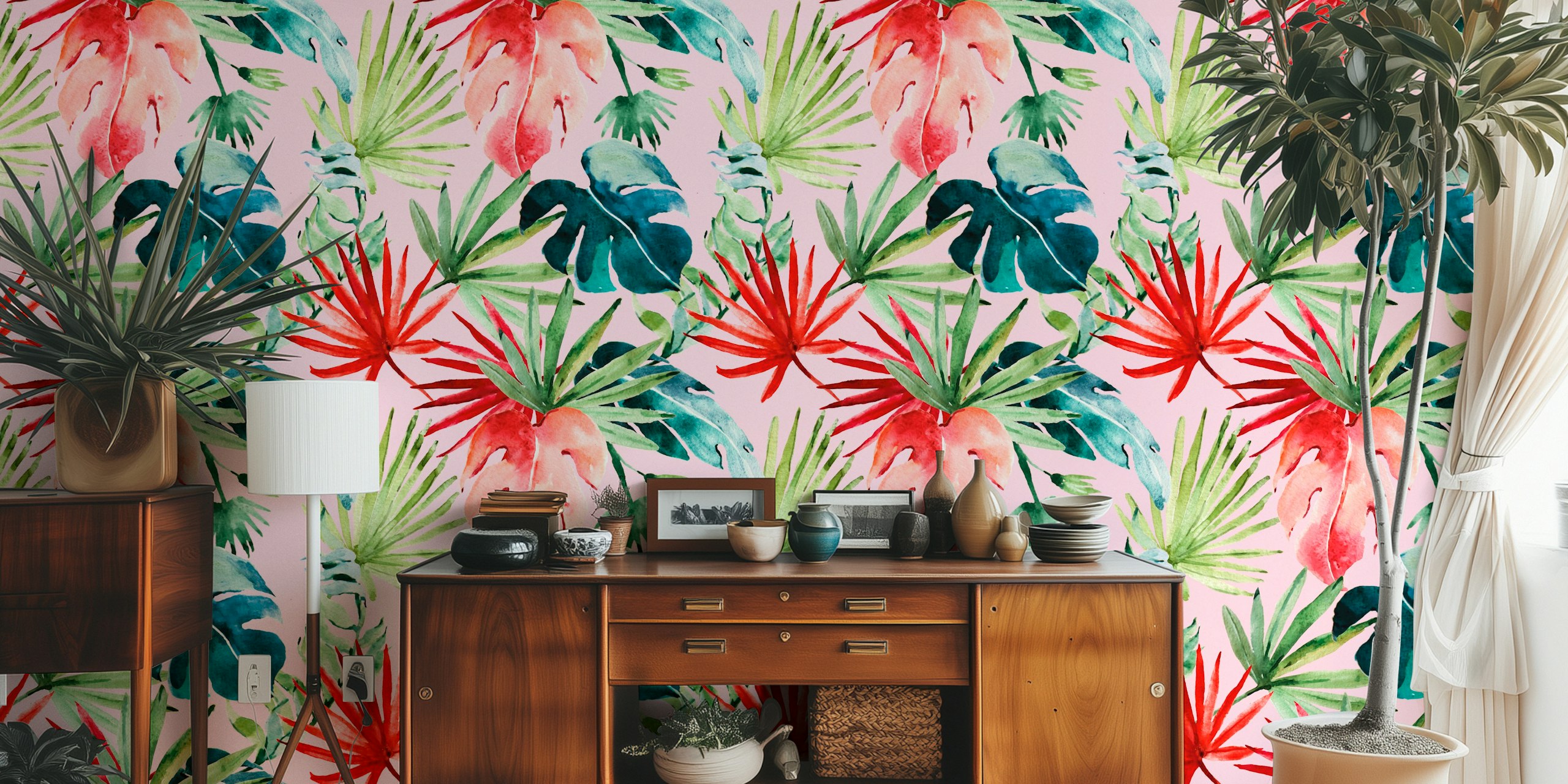 Tropical leaf wallpaper featuring pink background and green, red leaves