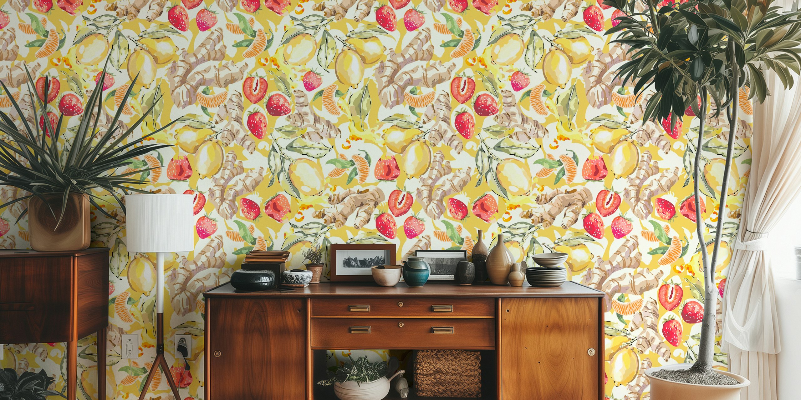 Yellow lemon and ginger illustration with red strawberries wallpaper