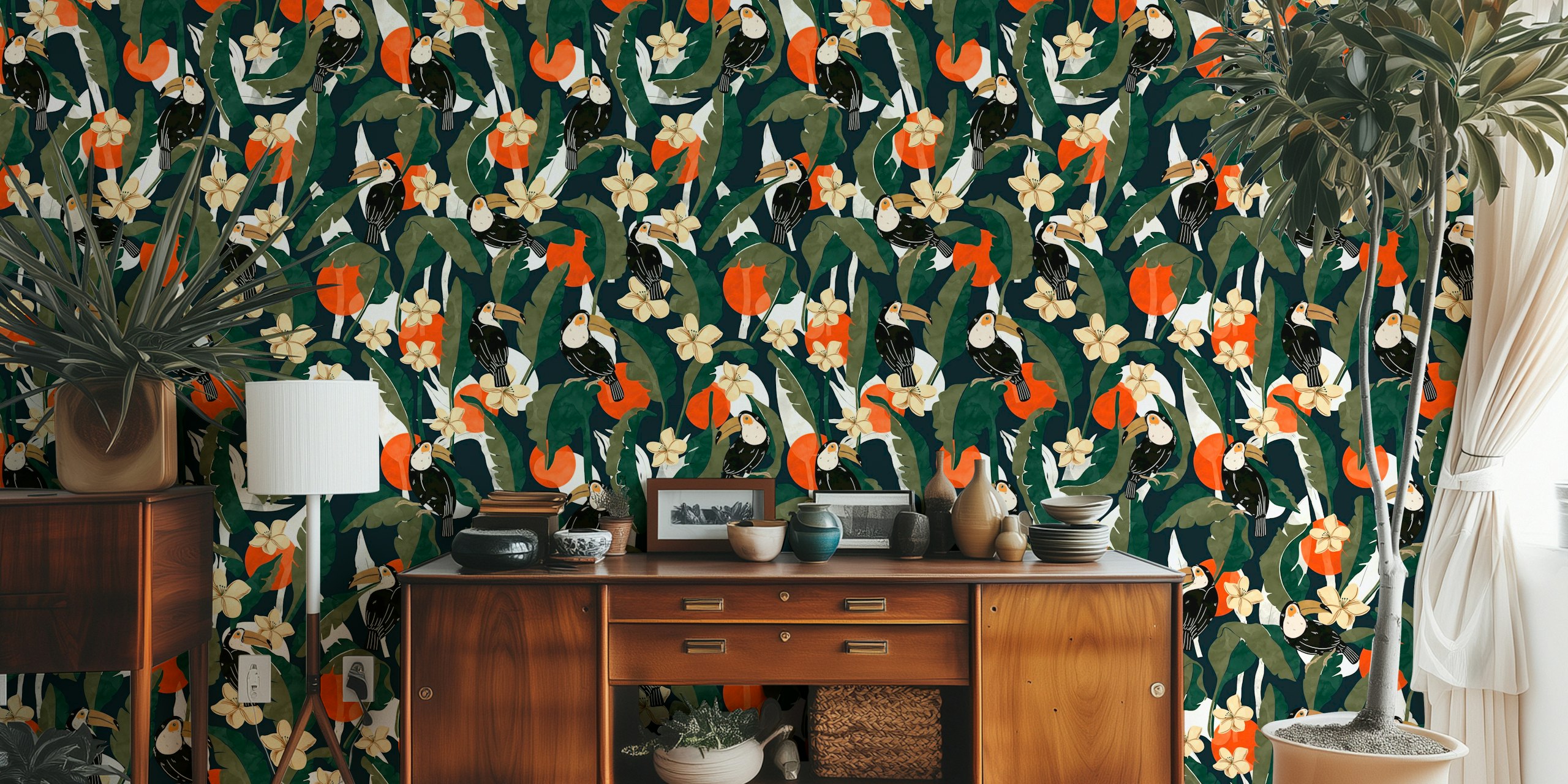 Toucan birds surrounded by tropical leaves and flowers wallpaper