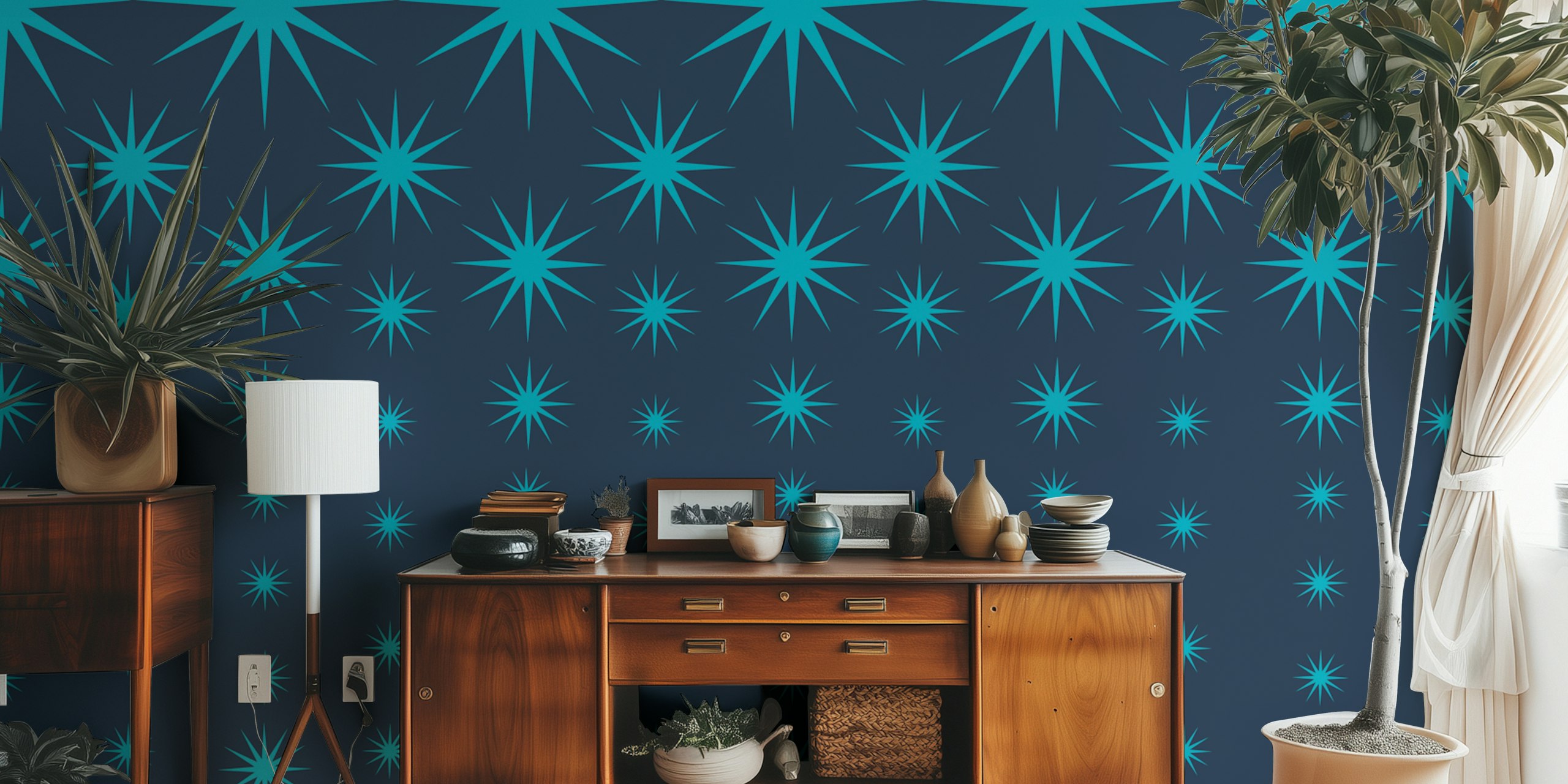 Turquoise star pattern on navy background wallpaper