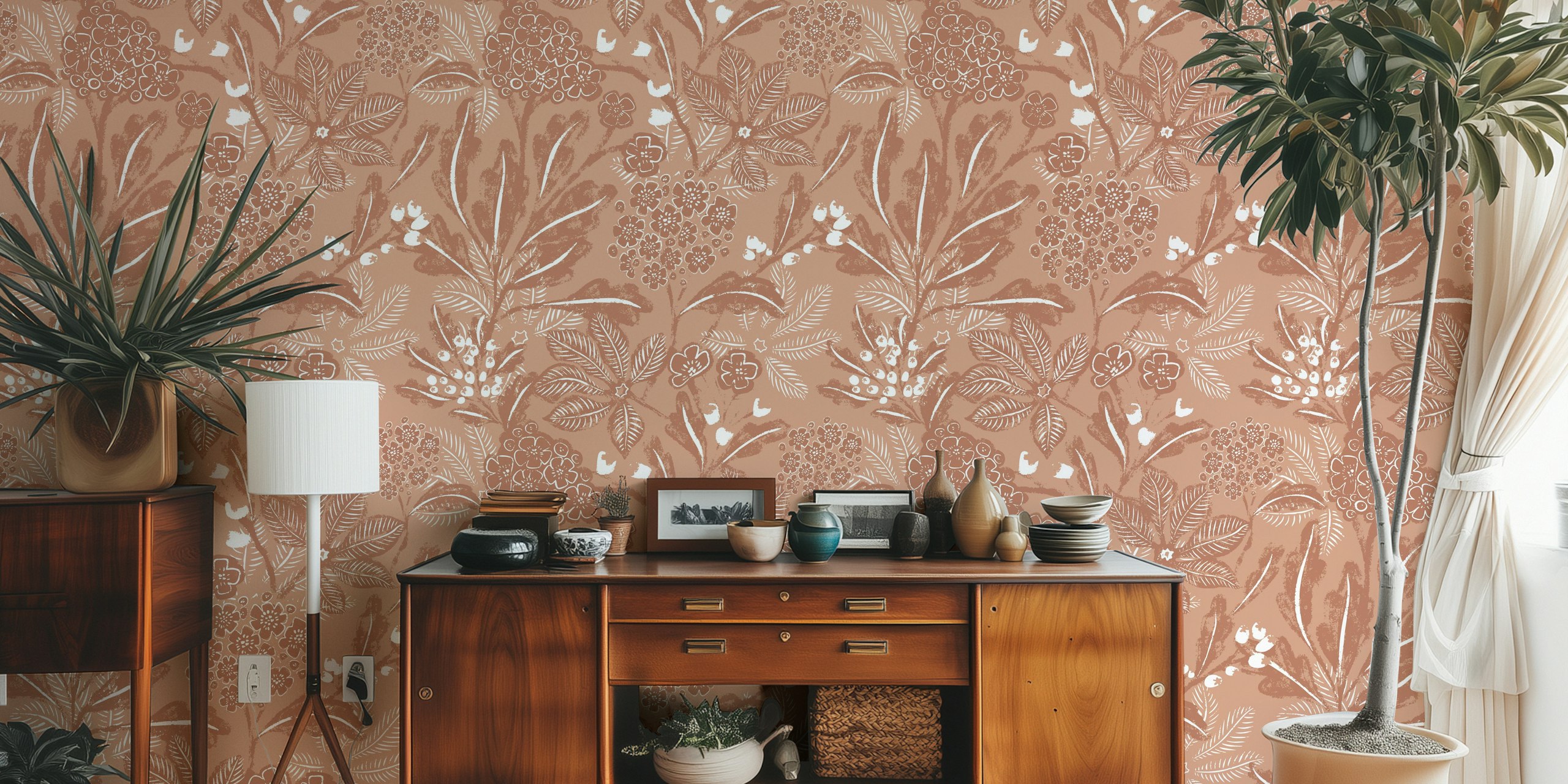 Floral sketches in mocha brown tones on cream wallpaper