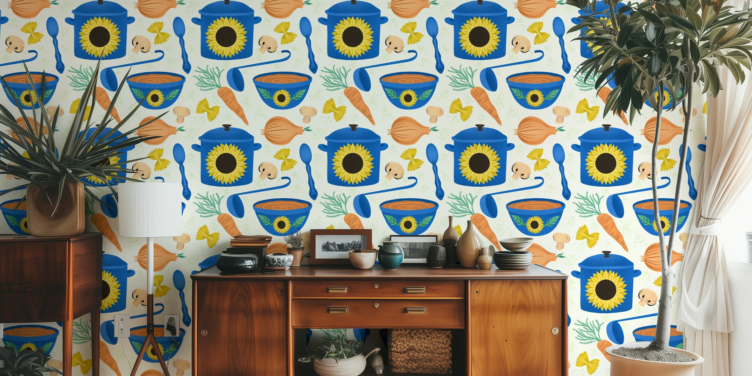 Colorful kitchen-themed wallpaper with bowls, pots, sunflowers, and vegetables