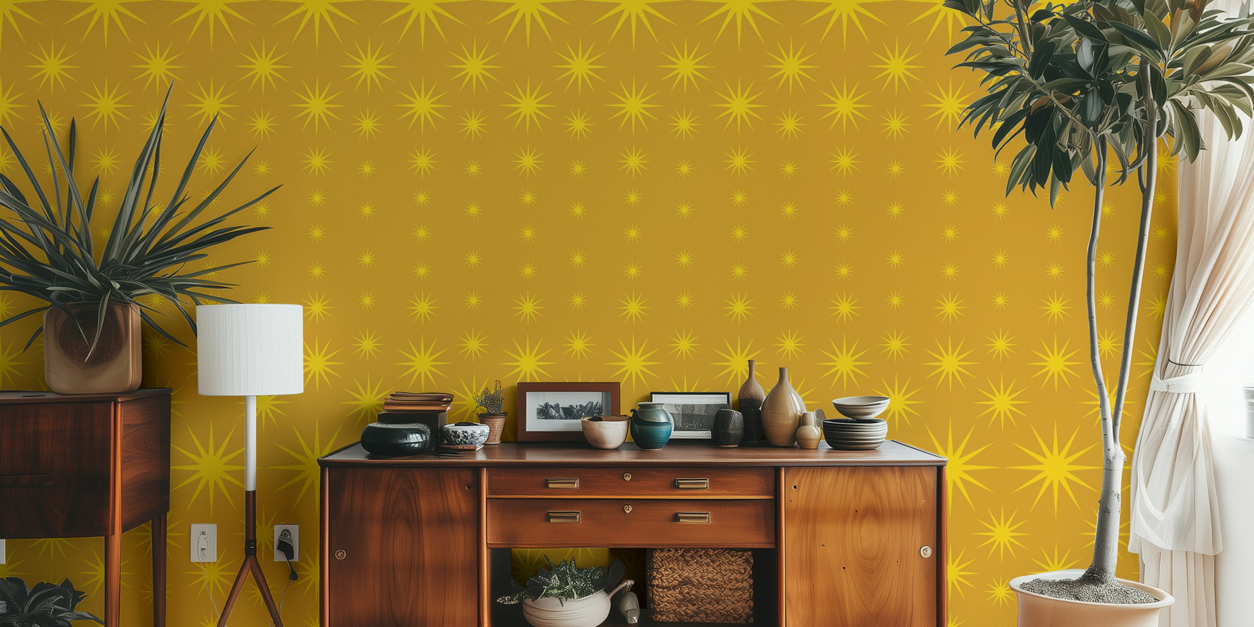 Mustard background with repeating gold star patterns wallpaper