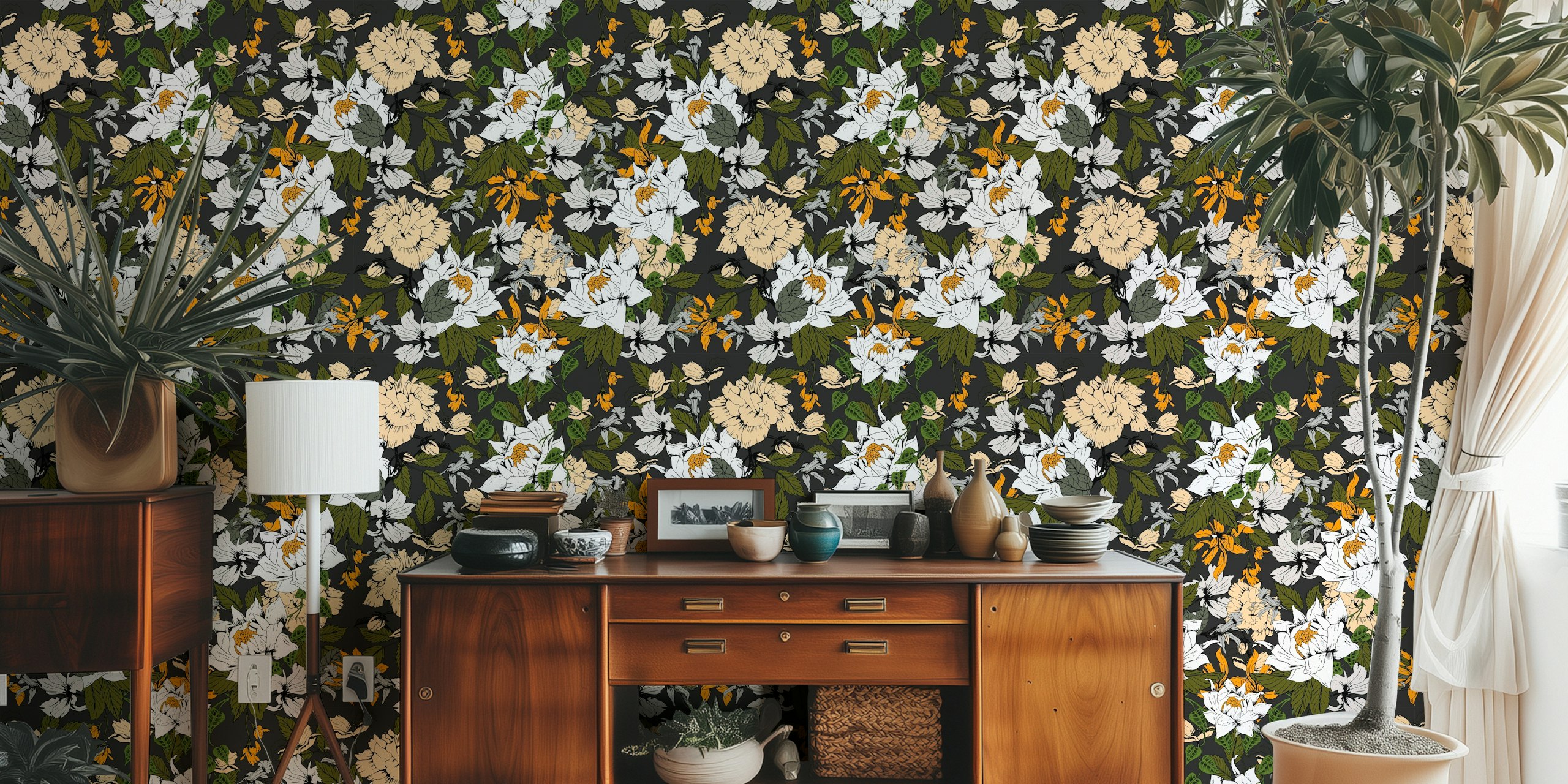 Dark Botanic Symphony blomster tapetdesign