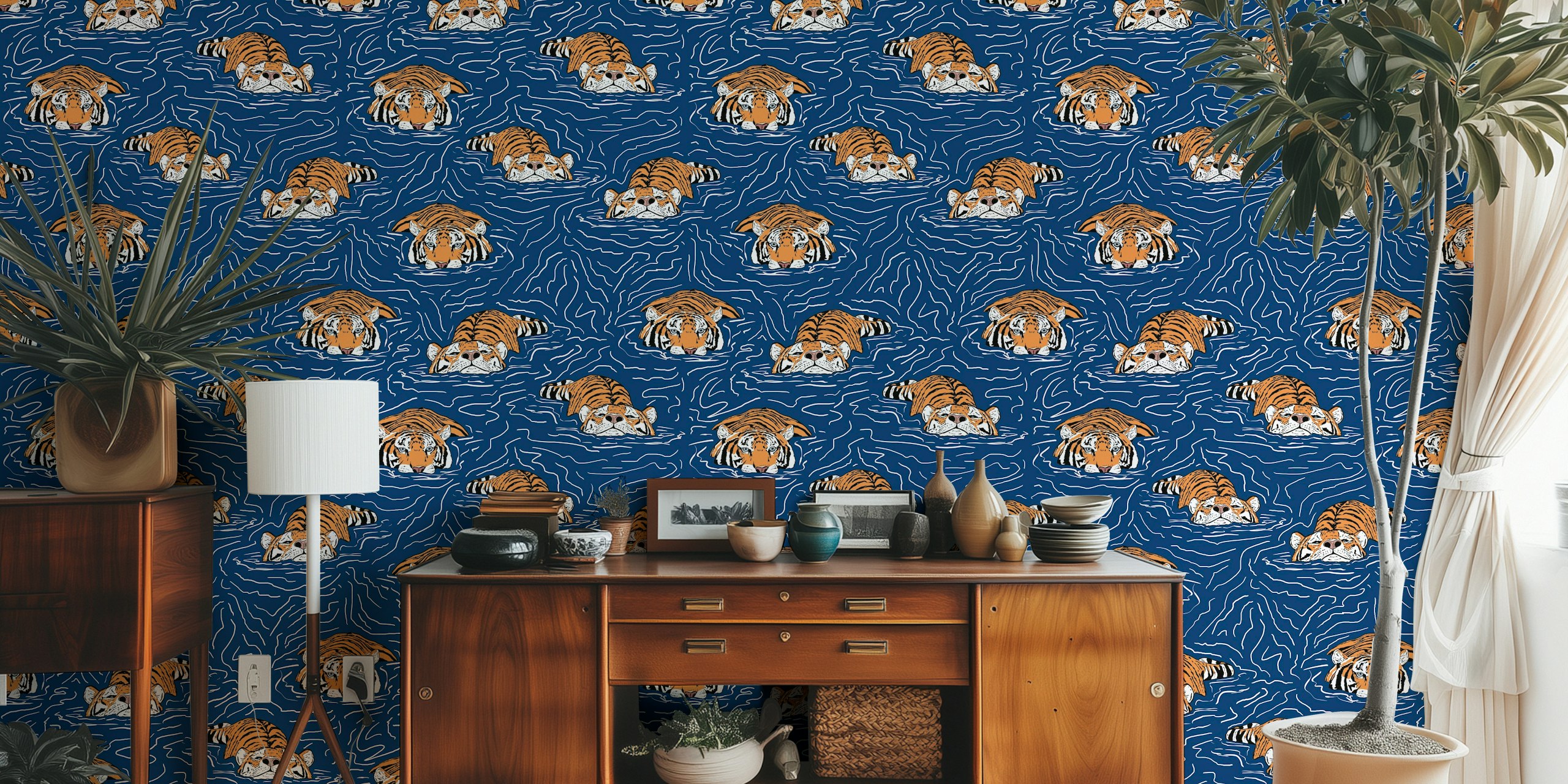Swimming tigers in blue water pattern wallpaper
