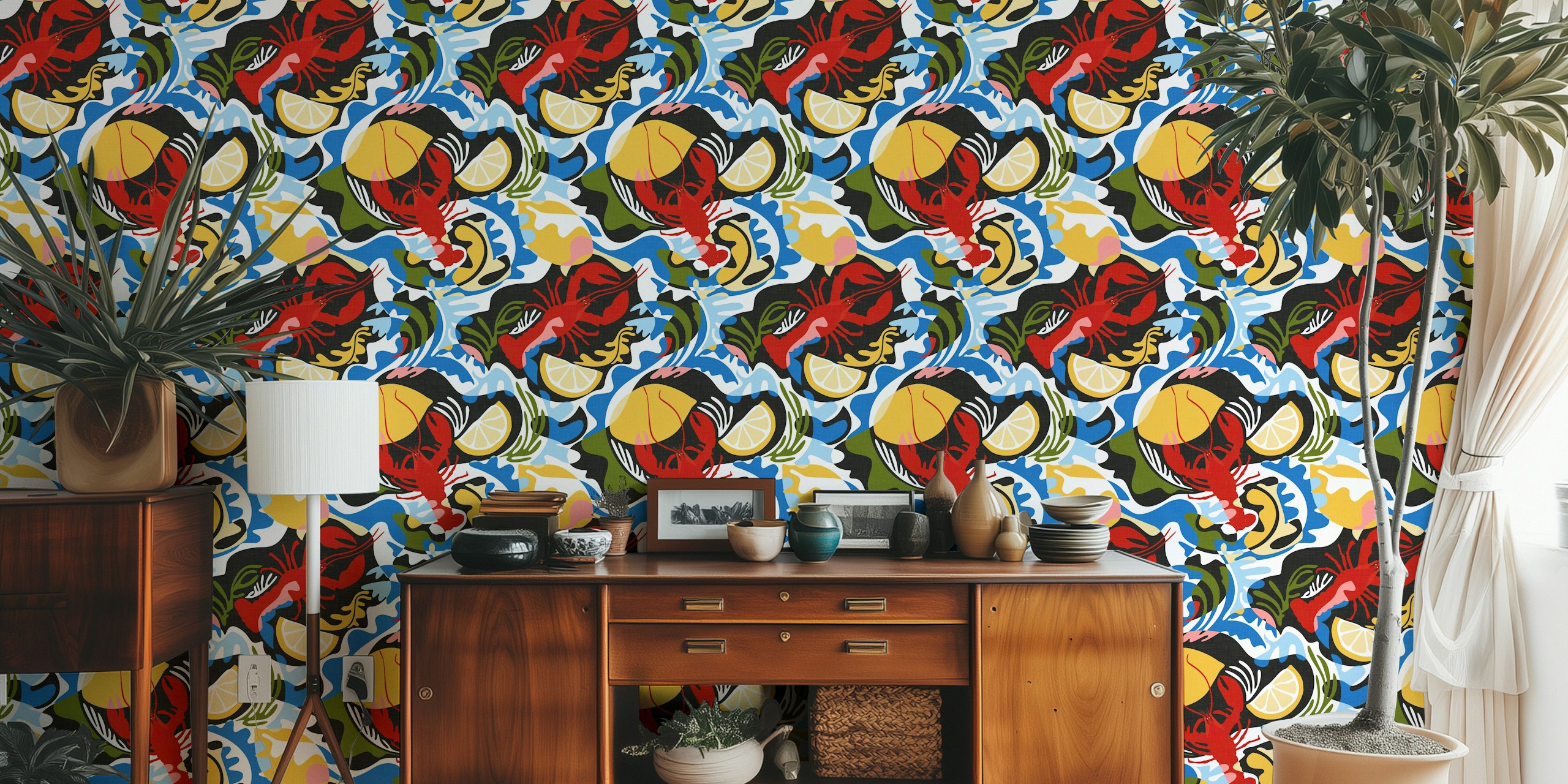 Crustacean Core wallpaper with lobsters and lemons