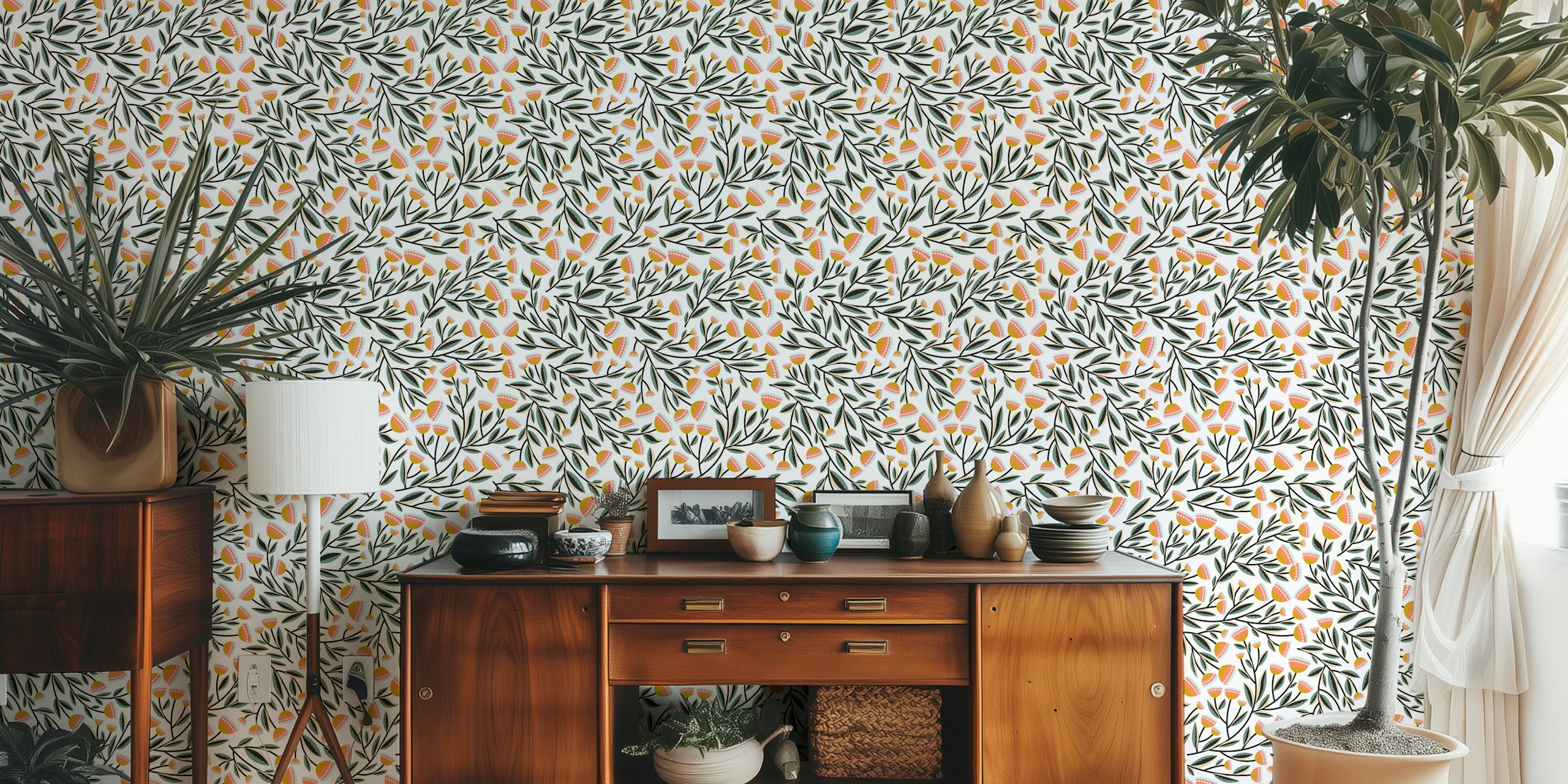 Cheerful floral wallpaper i en rumsinställning