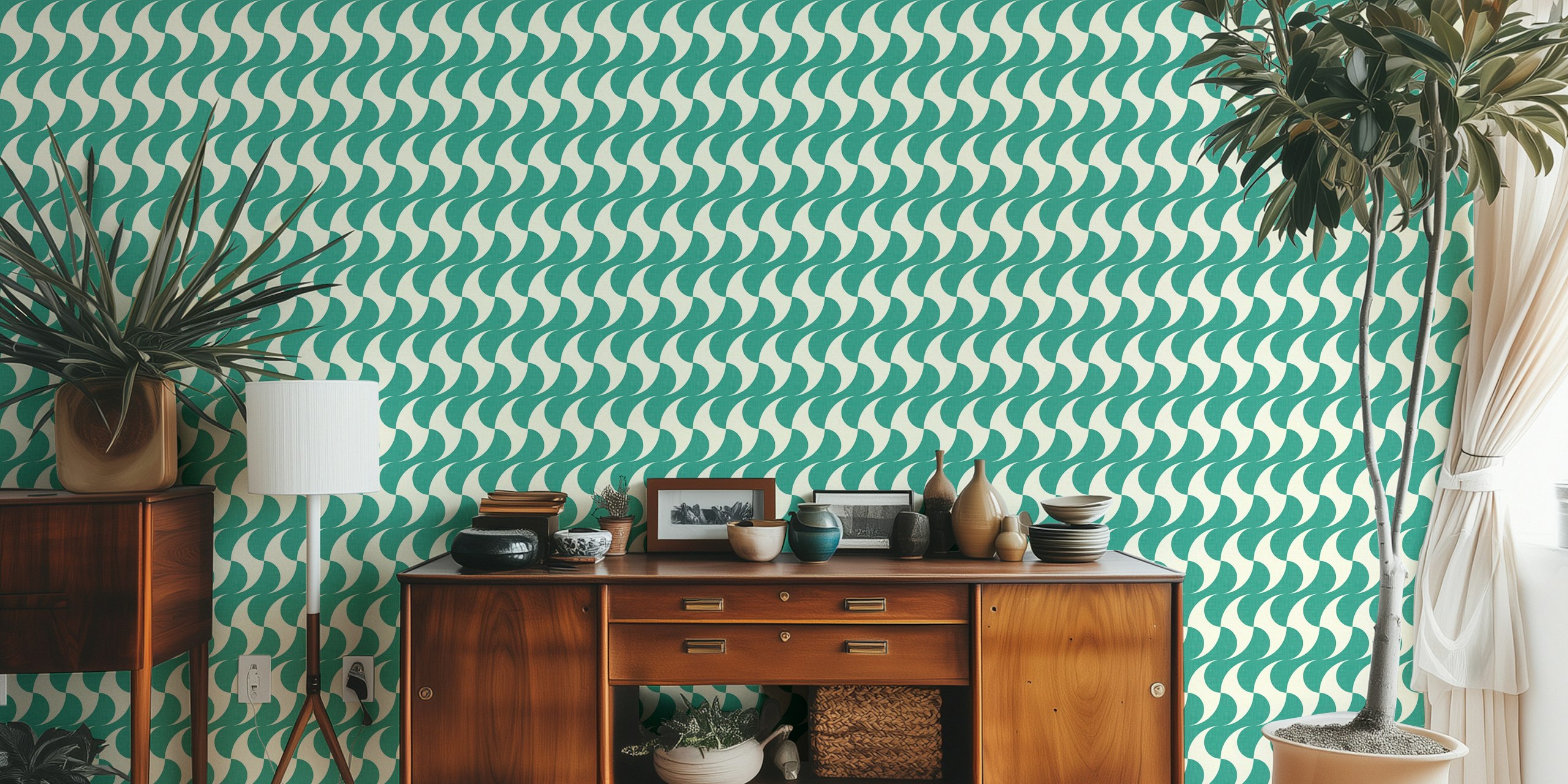 MCM Waves turquoise wallpaper in a room