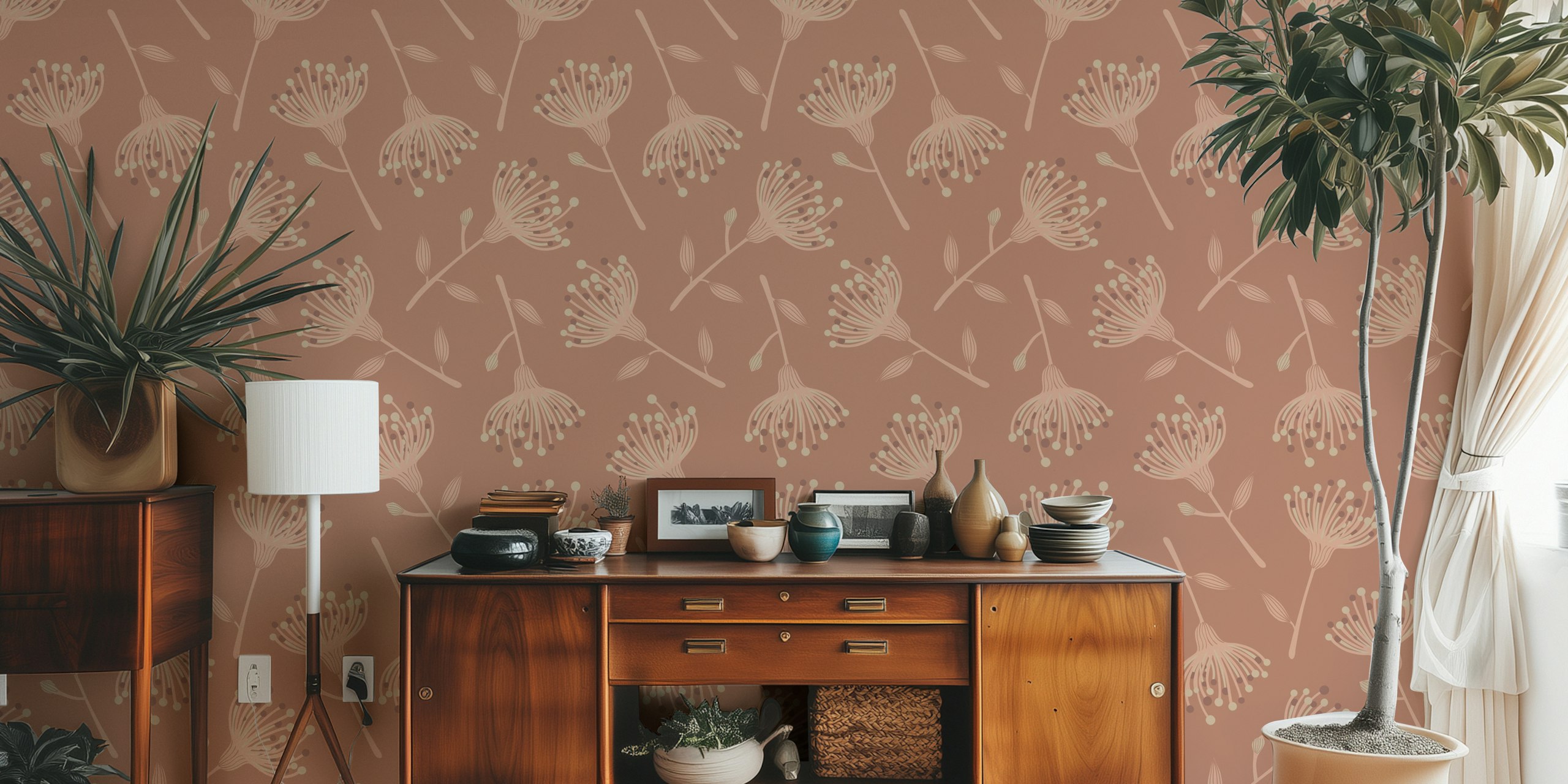 Eucalyptus floral wallpaper in a room