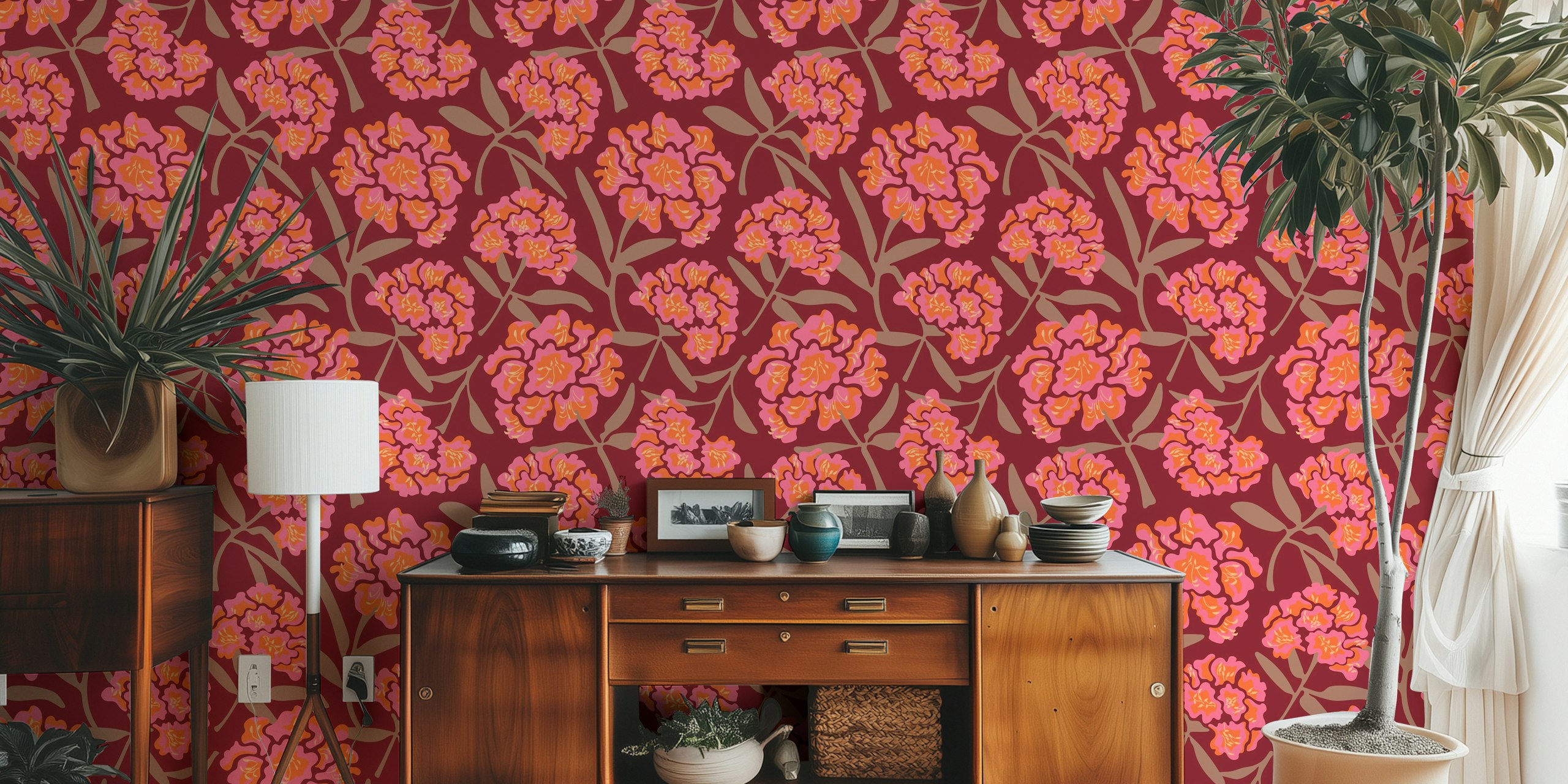 Papel pintado Rhododendrons Floral Mocha Mousse Red en la habitación